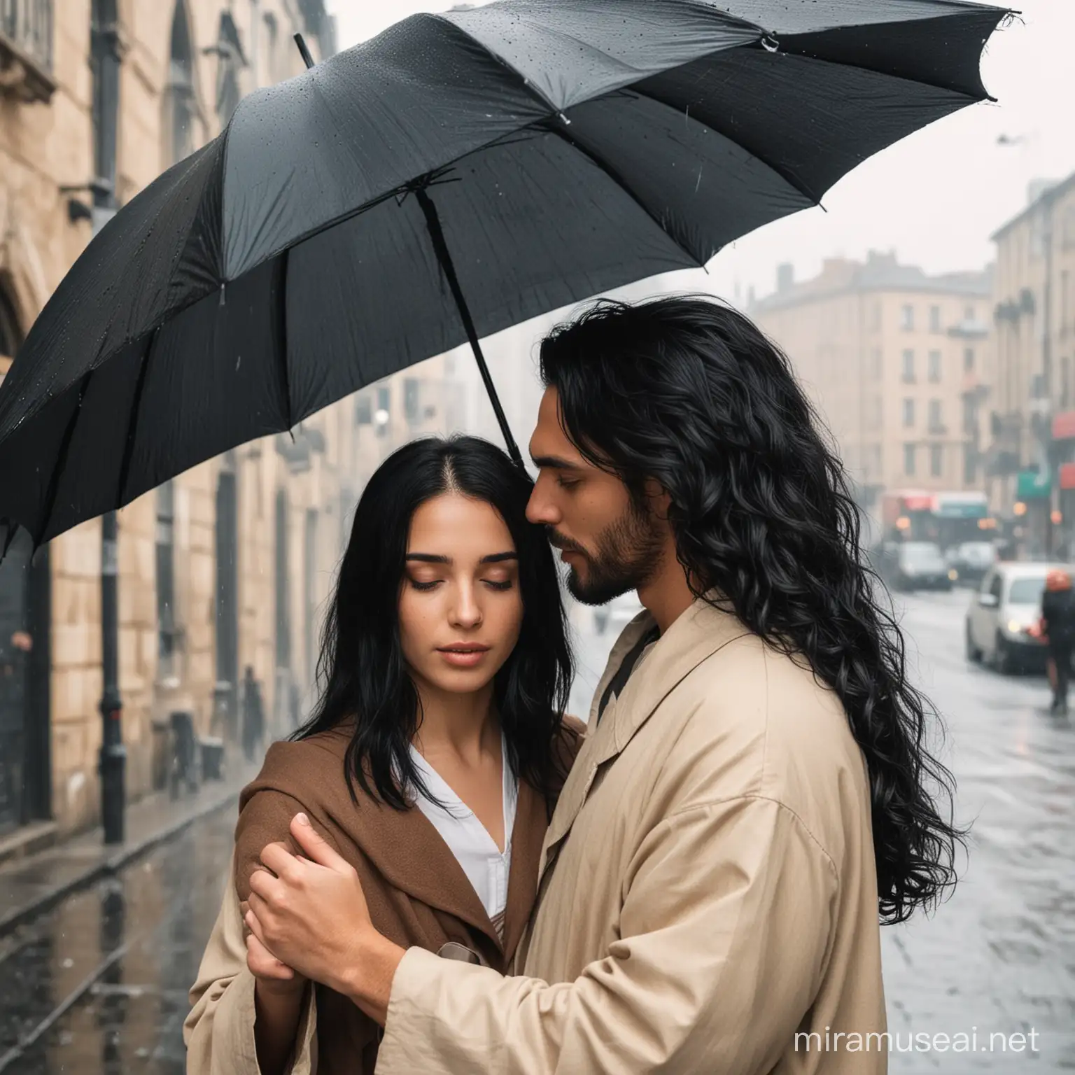 Jesus covering a young woman with black hair with his umbrella in a city