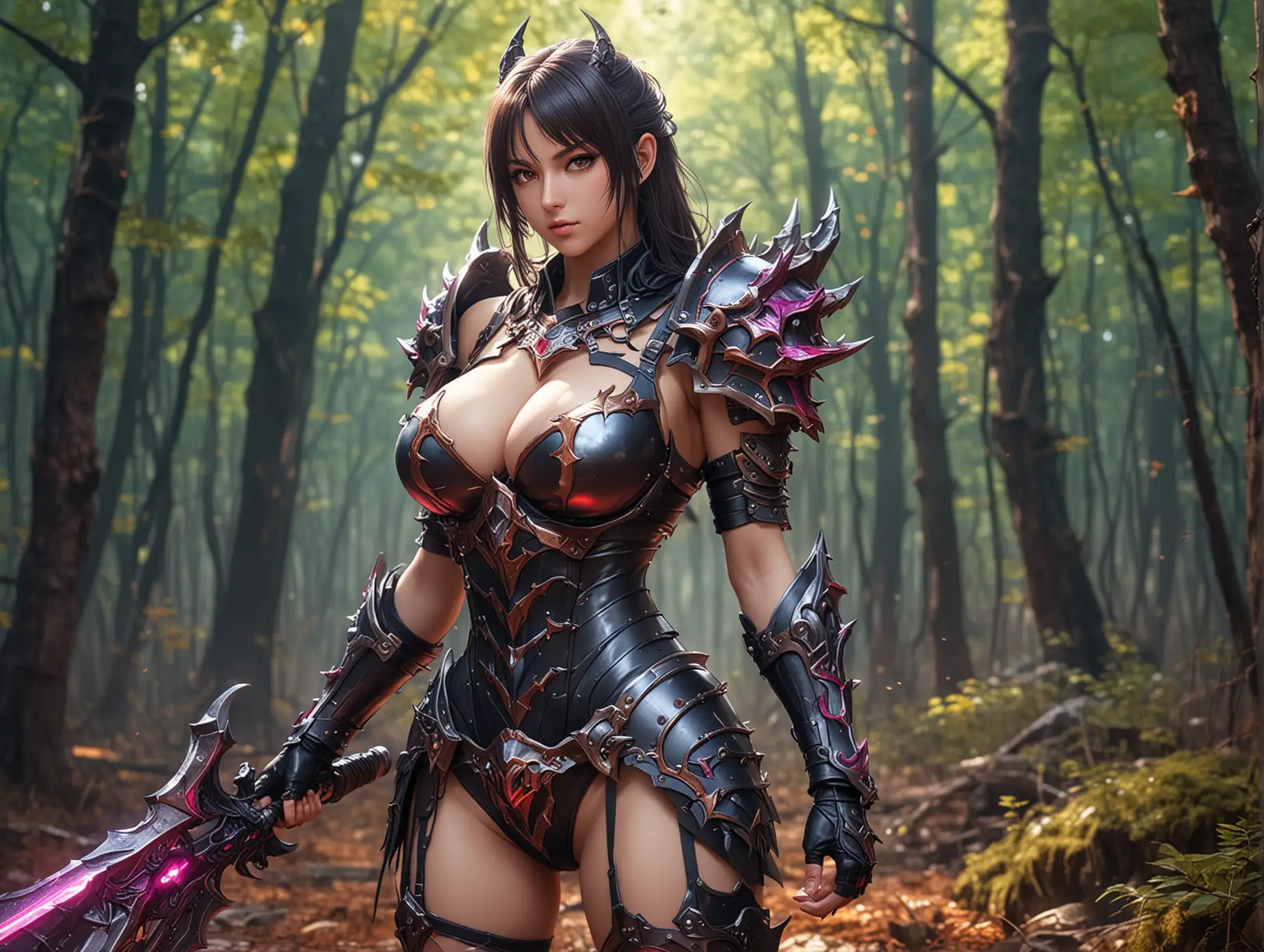 Anime Demon Girl in Vibrant Battle Armor Amidst Enchanted Forest