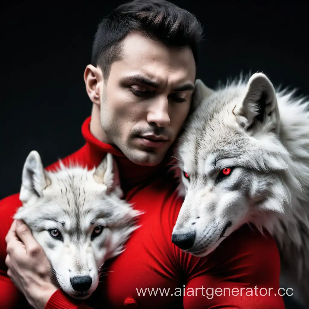 Powerful-Man-Embracing-Majestic-White-Wolf-in-Stylish-Red-Turtleneck