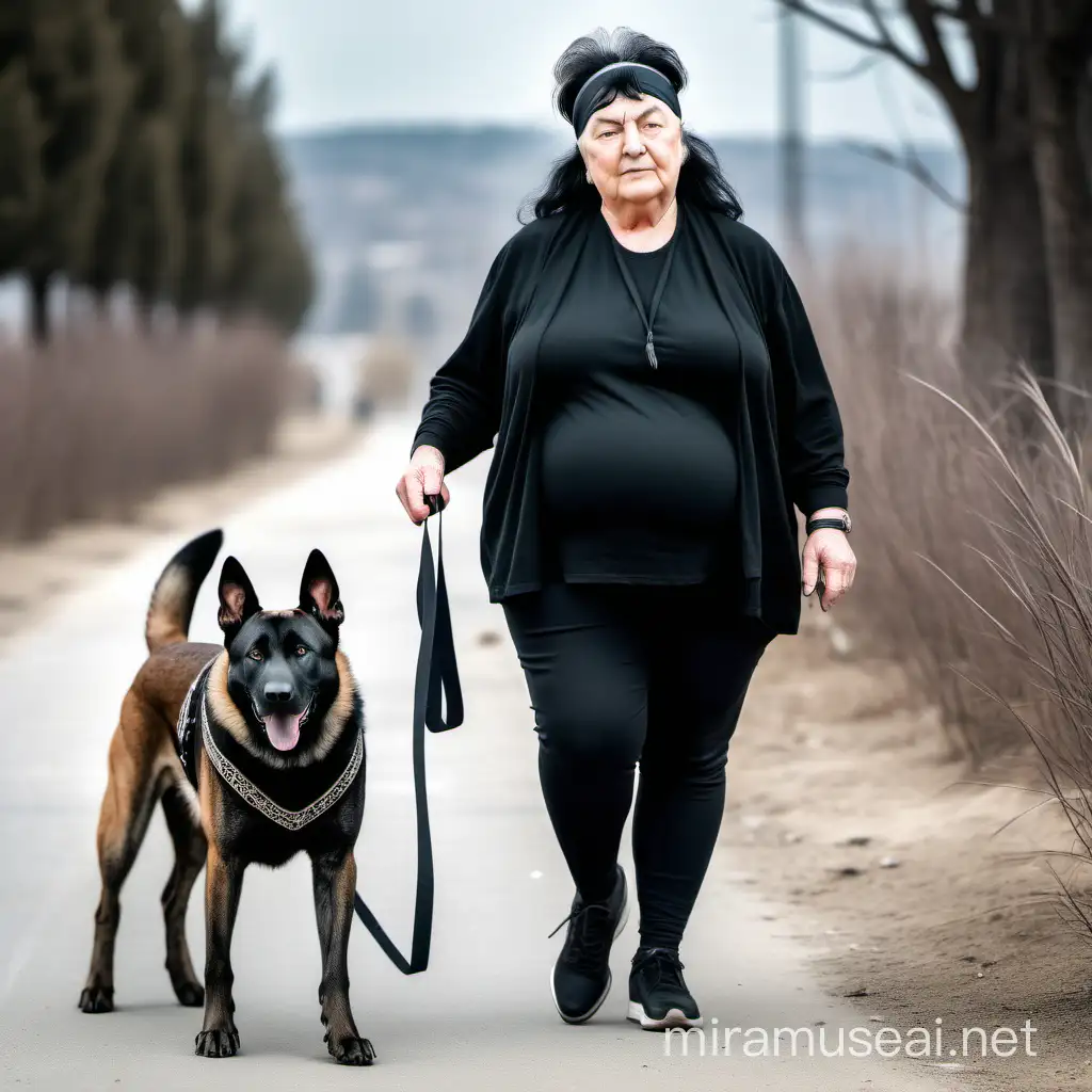old fat woman  with black hair wearing black clothes  and a black hair band walks with  her malinois