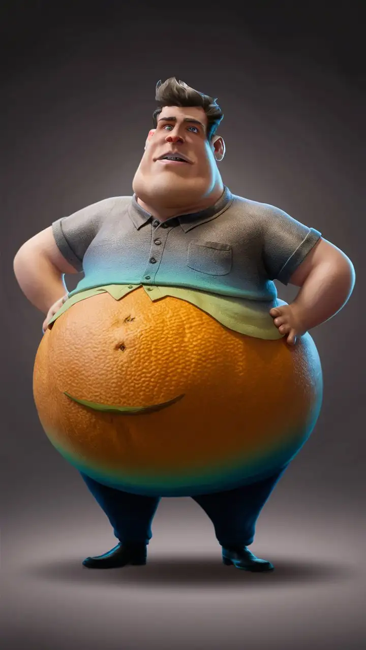 Create an image of a stylized male figure with exaggerated features, reminiscent of a cartoon. The character appears front-facing, with a pronounced belly that stands out due to its distinct orange and textured appearance, as if it's been playfully stylized to represent an overripe fruit's skin. He is wearing a snug, short-sleeved button-up shirt in a gradient from gray at the top to blue at the bottom, straining slightly at the buttons. His hands are placed on his hips, accentuating his wide stance. 