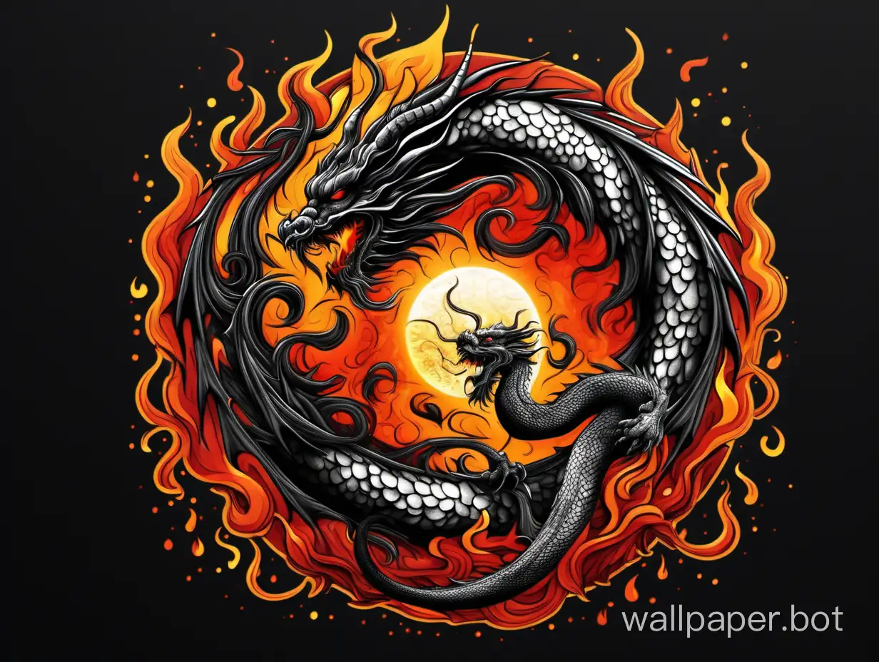 yin yang dragon, light, darkness,  dripping fire effect,  ornamental , high contrast, sticker art
