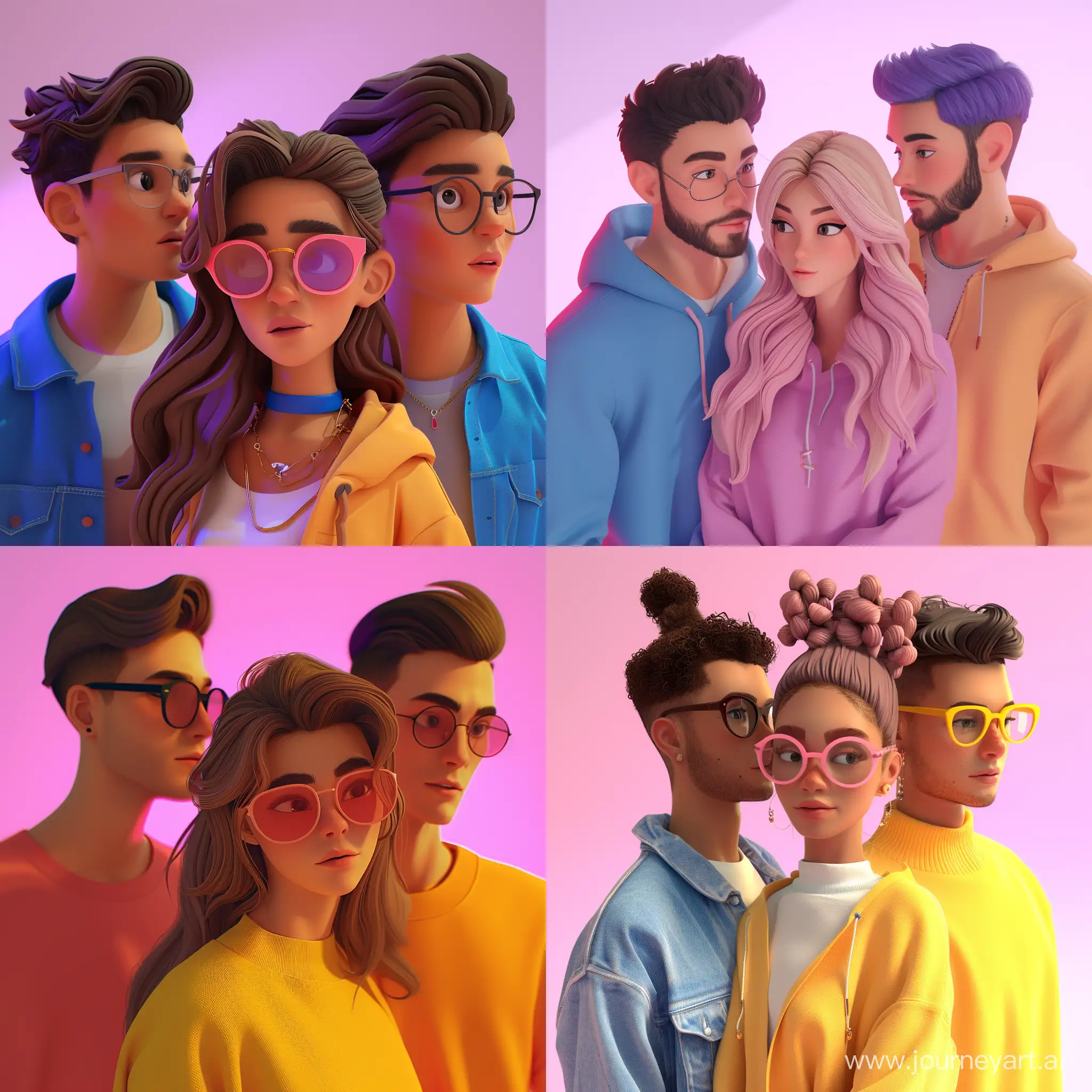 Two cool guys are looking at a beautiful girl, 3d,  hyperpop style