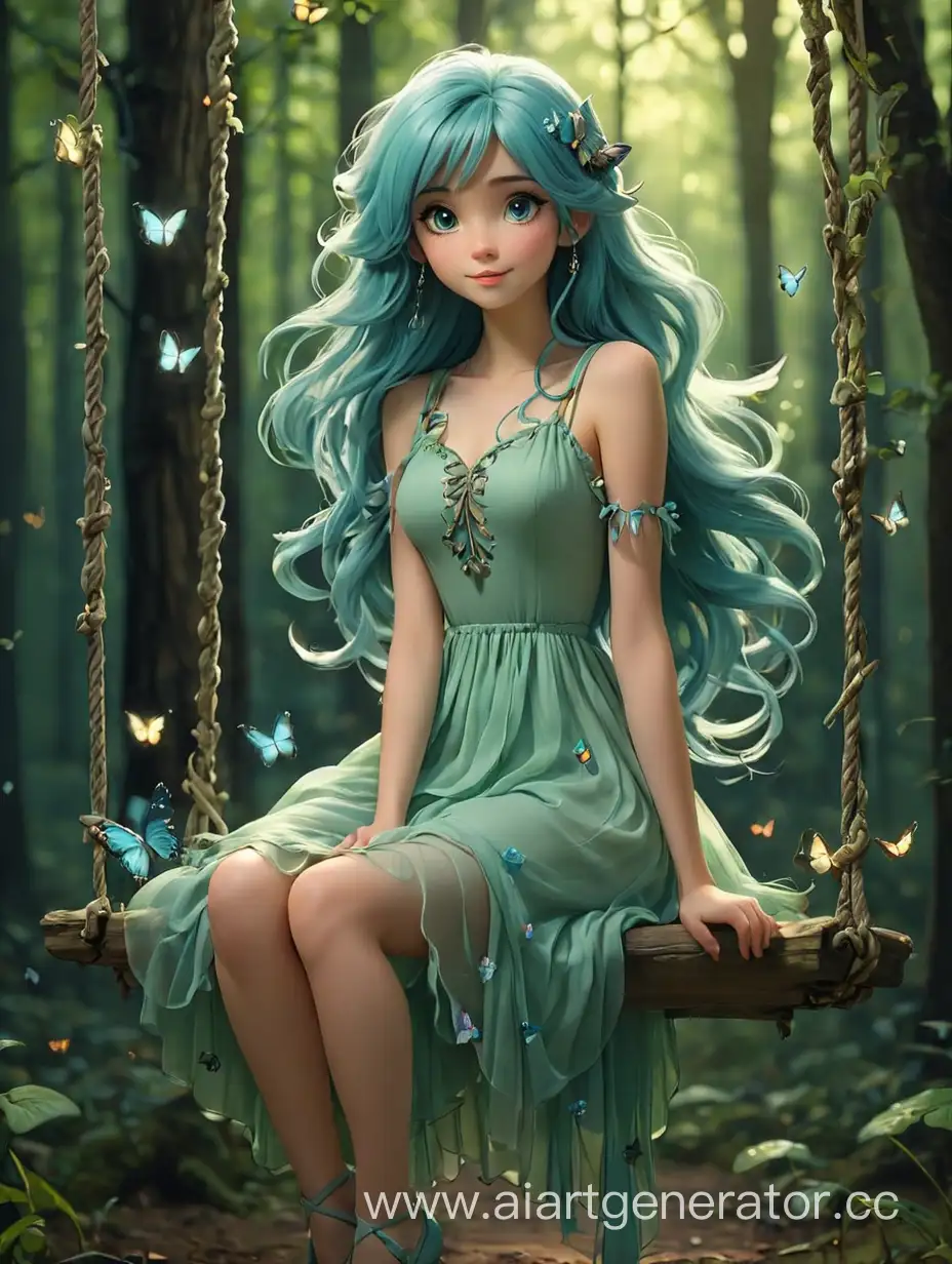 Fairy, pastel green dress, long blue hair, sitting on a swing in the woods, dark forest, glowing butterflies all around