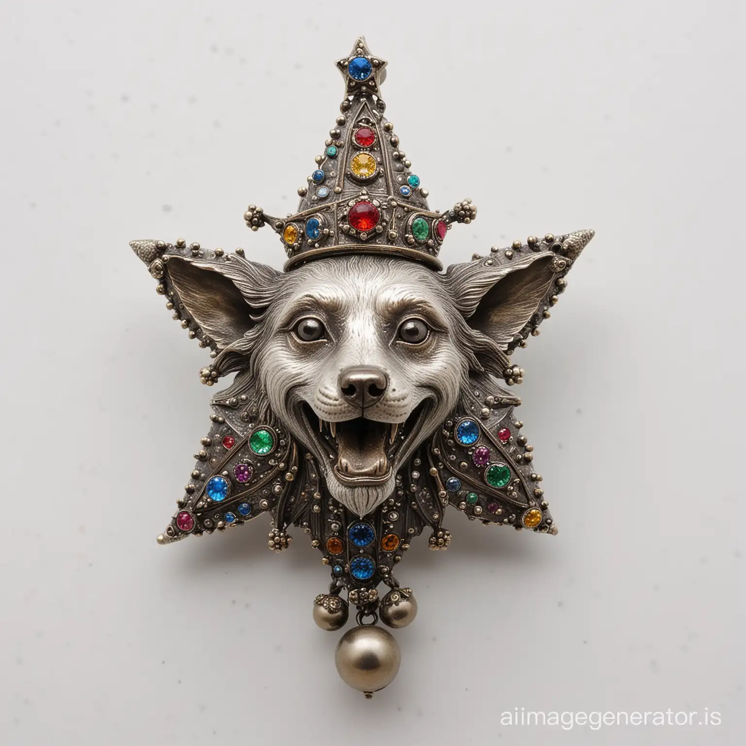 Hand crafted, Patinated, Bejewelled, medieval brooch featuring a crazy dog's face wearing a jester's hat with bells, a star-shaped ruff, and fine royal jewels as king in old silver and bronze on a white background