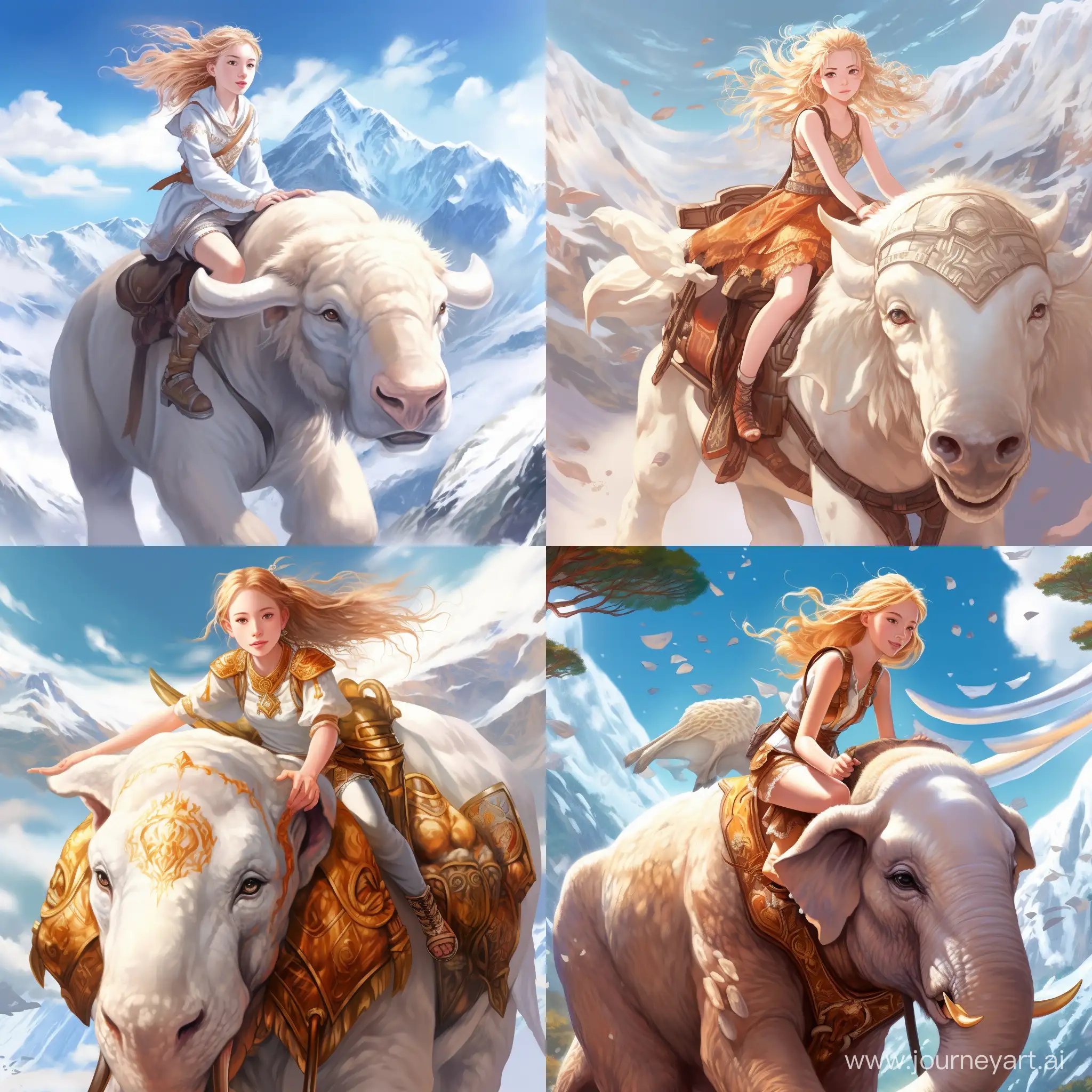 Beautiful girl, golden hair, gray-blue eyes, snow-white skin, teenager, 14 years old, in the style of avatar legend of aang, full-length, riding a flying bison, in the sky, Appa, high quality, high detail, cartoon art