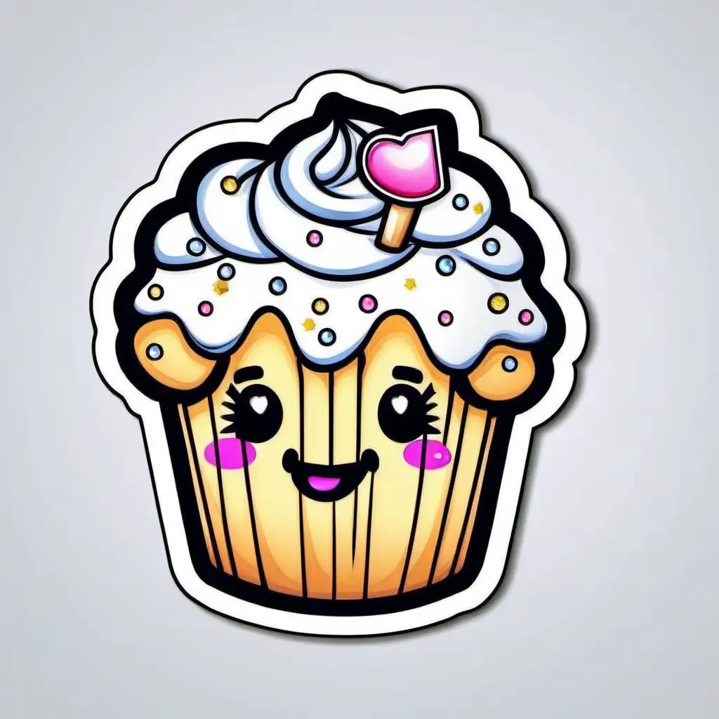 Sticker, Smiling Cupcake with Sparkles, kawaii, contour, vector, white background