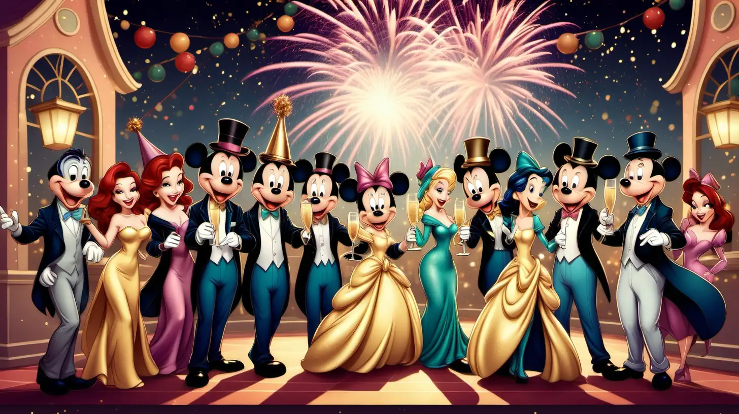 Cartoon Characters Toasting in Disney Style for New Years Celebration