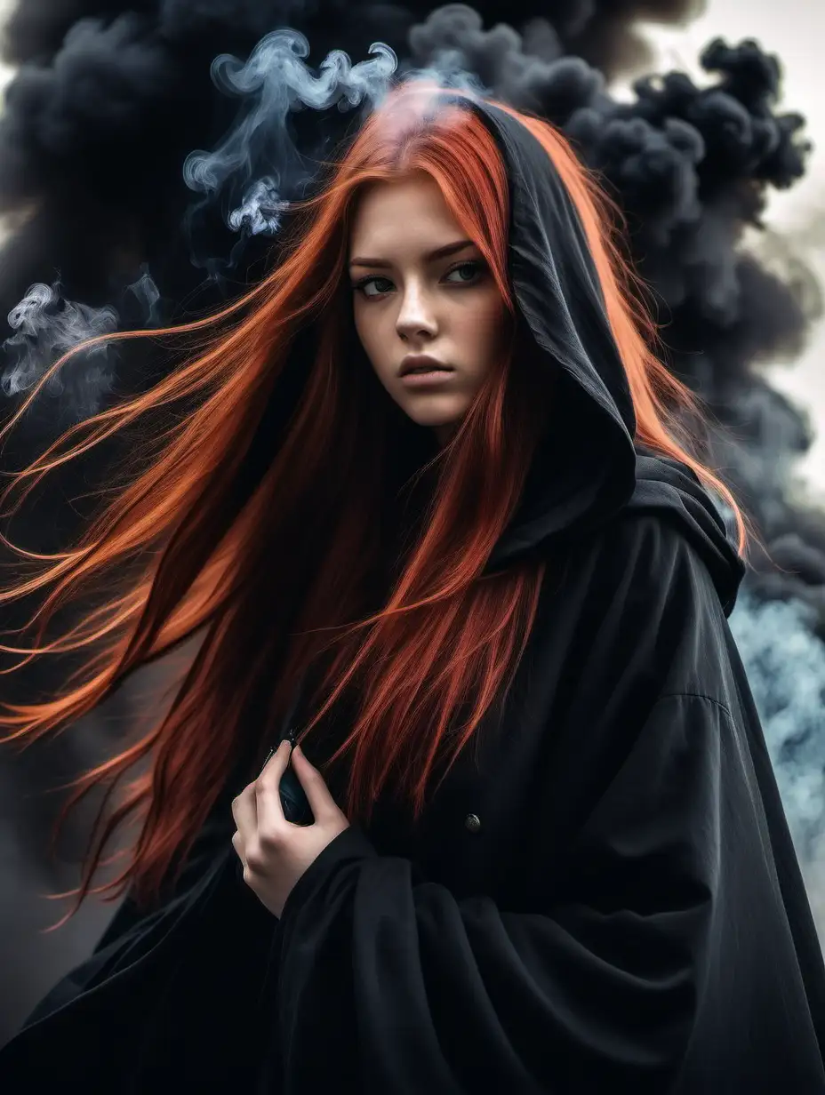 A beautiful cloaked red haired girl, 20 years old, long hair, determined look, wielding black  smoke. 