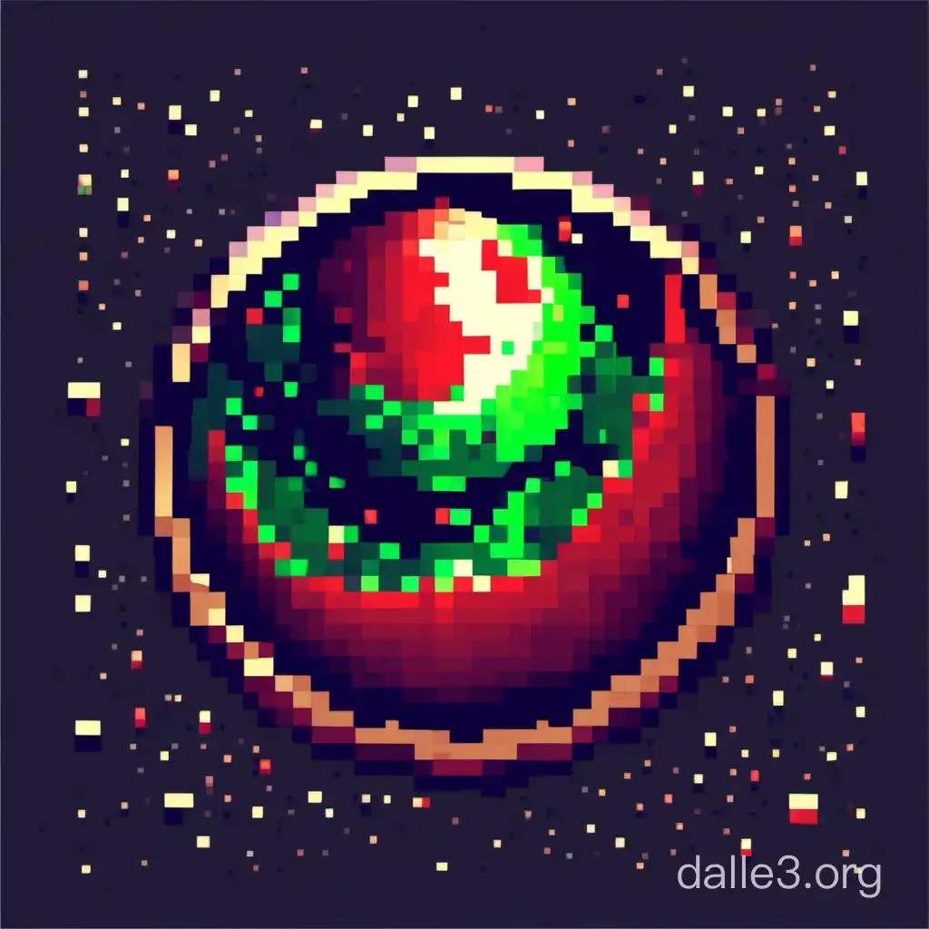 Logo for 2d rpg pixel game with red and green planet like a moon