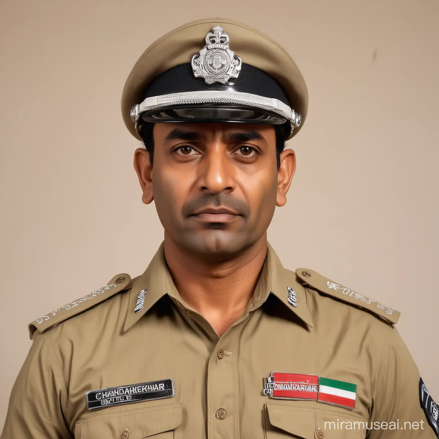 52 year old aggressive, sharp, smart looking and well built indian police officer in khakhi uniform. Name plate reads 'CHANDRASEKHAR'