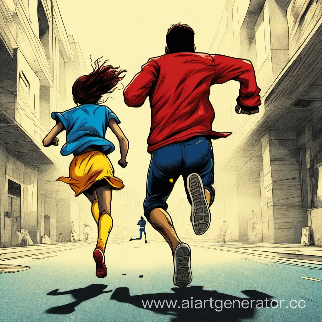 Мужчина бежит в след за убегающей девушкой красно желтые синие цвета
