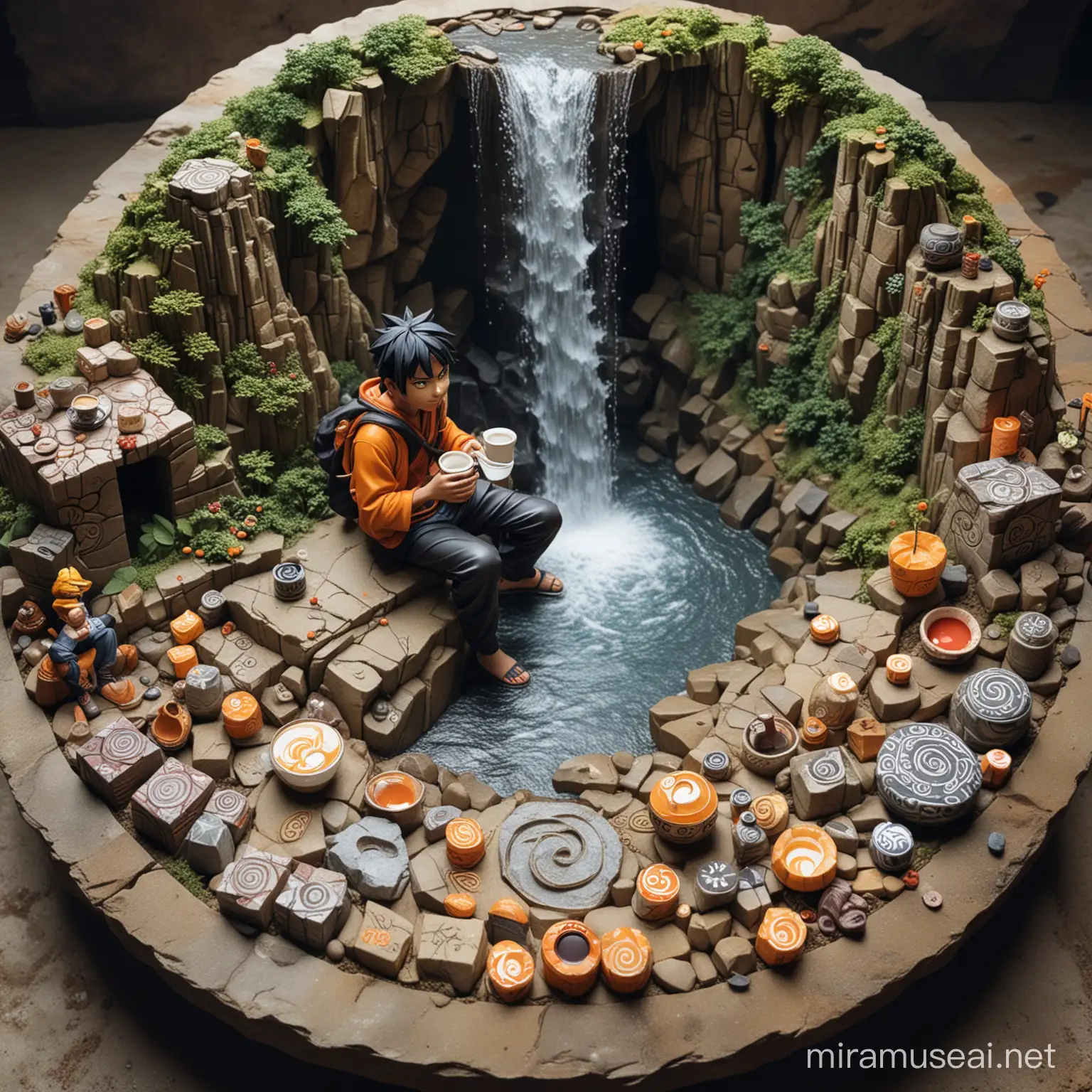 Indian Youth Enjoying Batik and Coffee with Naruto Miniatures by a Mountain Waterfall