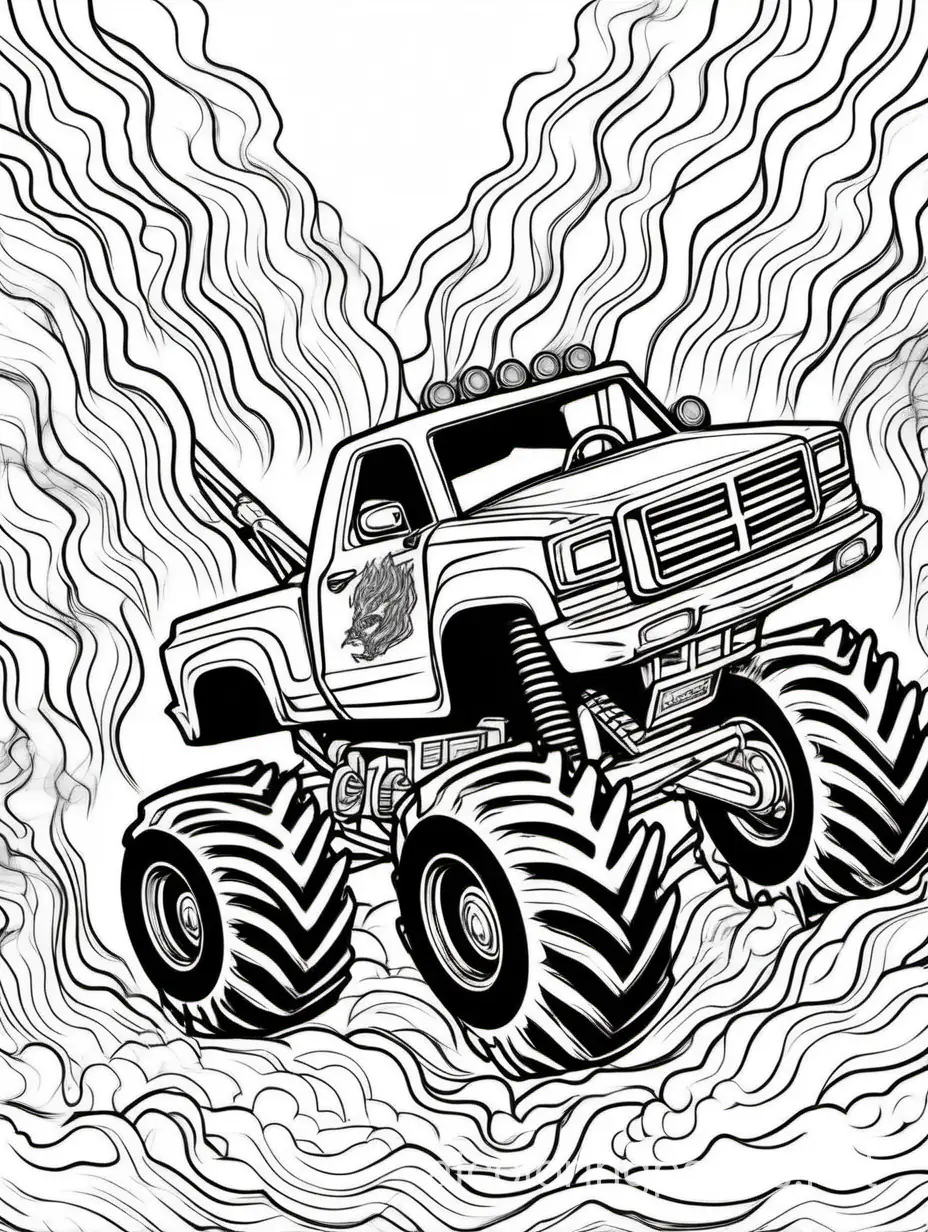 Inferno Inferno: Depict a fire-themed monster truck engulfed in flames, with blazing hot lava flowing beneath its tires and smoke billowing from its exhaust., Coloring Page, black and white, line art, white background, Simplicity, Ample White Space. The background of the coloring page is plain white to make it easy for young children to color within the lines. The outlines of all the subjects are easy to distinguish, making it simple for kids to color without too much difficulty