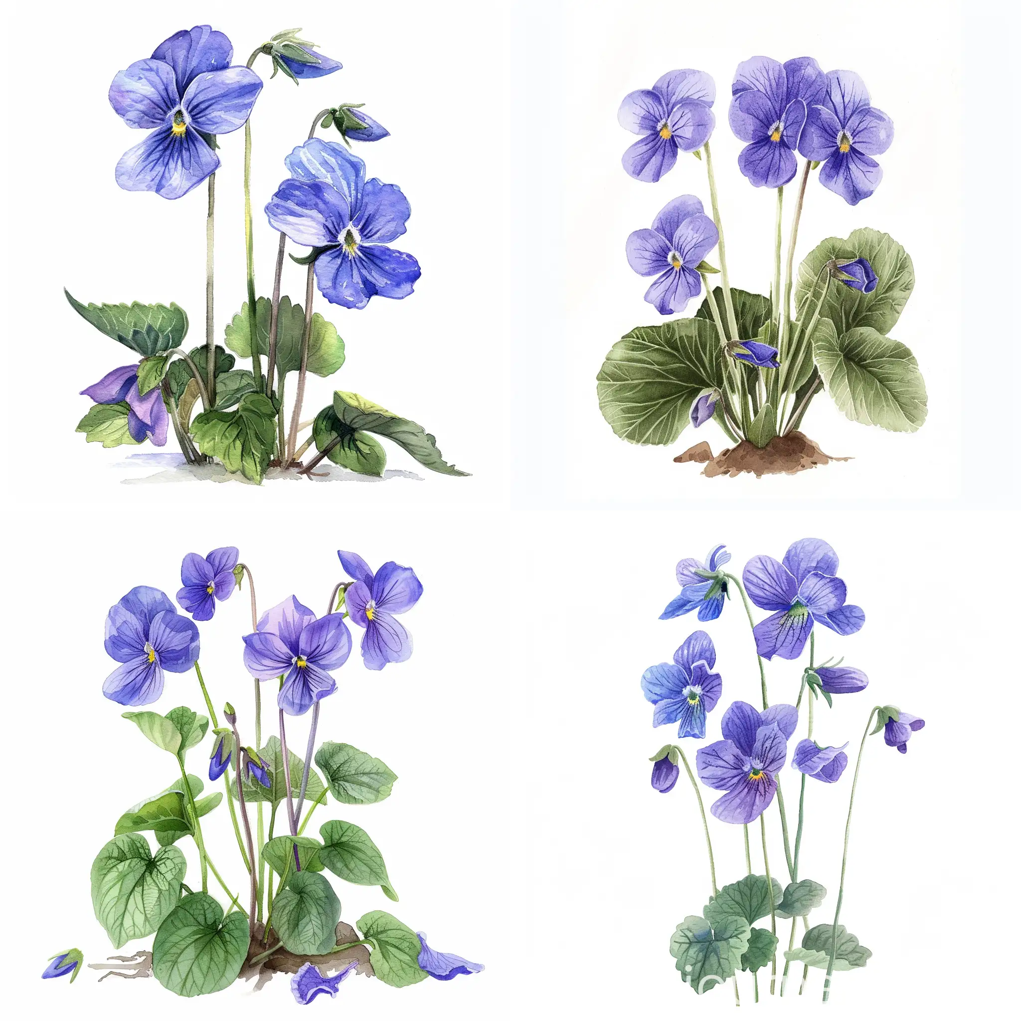 watercolor standing wildflower, violets, on white background, soft handpainted, detailed