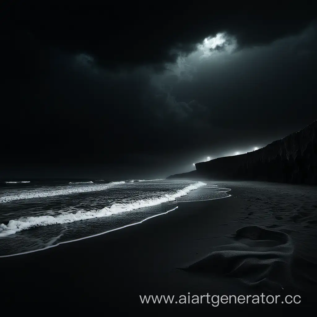 Mysterious-Nighttime-Scene-Dark-Beach-with-Glowing-Bioluminescent-Waves