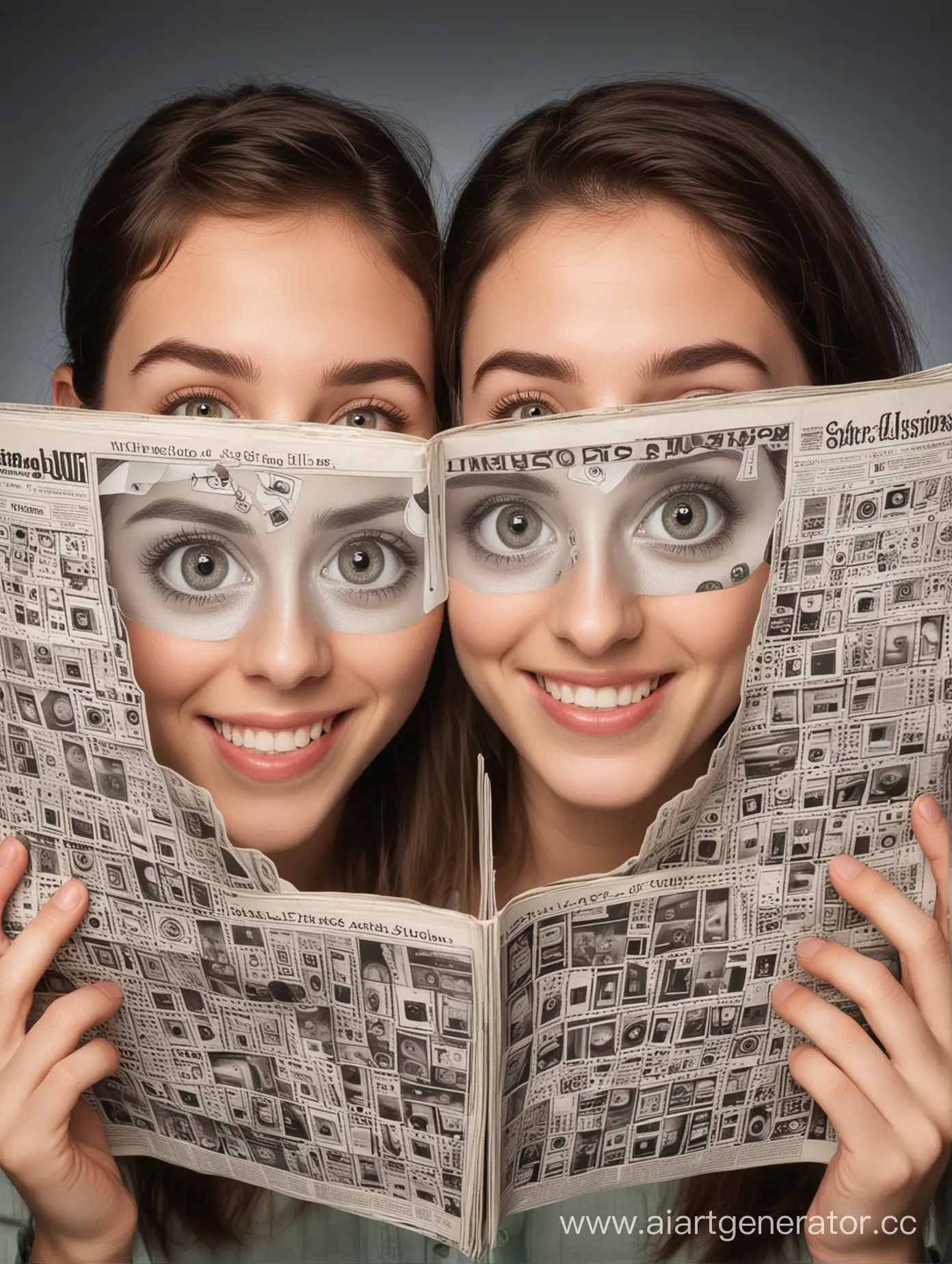 two people with big eyes and smile look at Half-opened magazine with stereo images of optical illusions