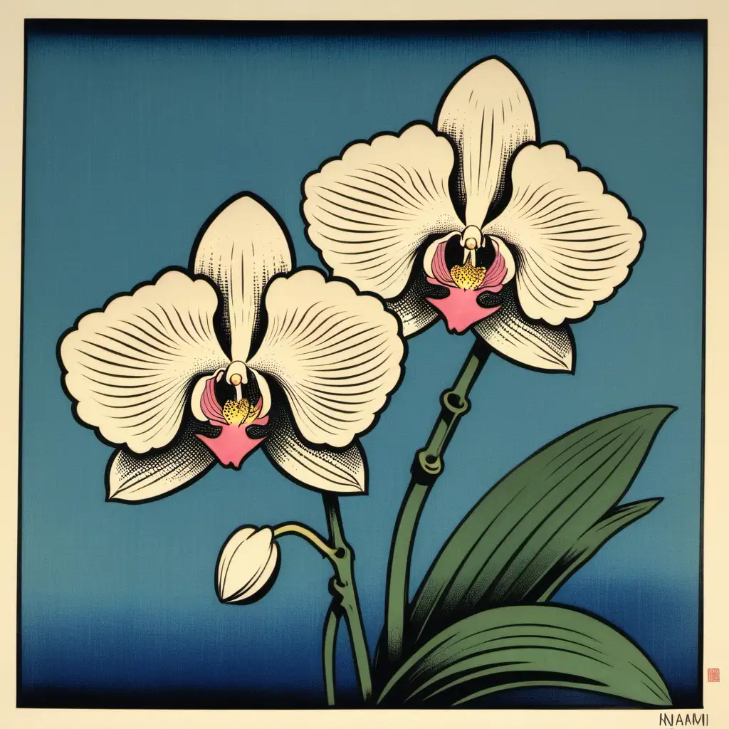 Whimsical Orchid in Japanese Wood Block Print Style Kanagawaoki Namiura Elegance