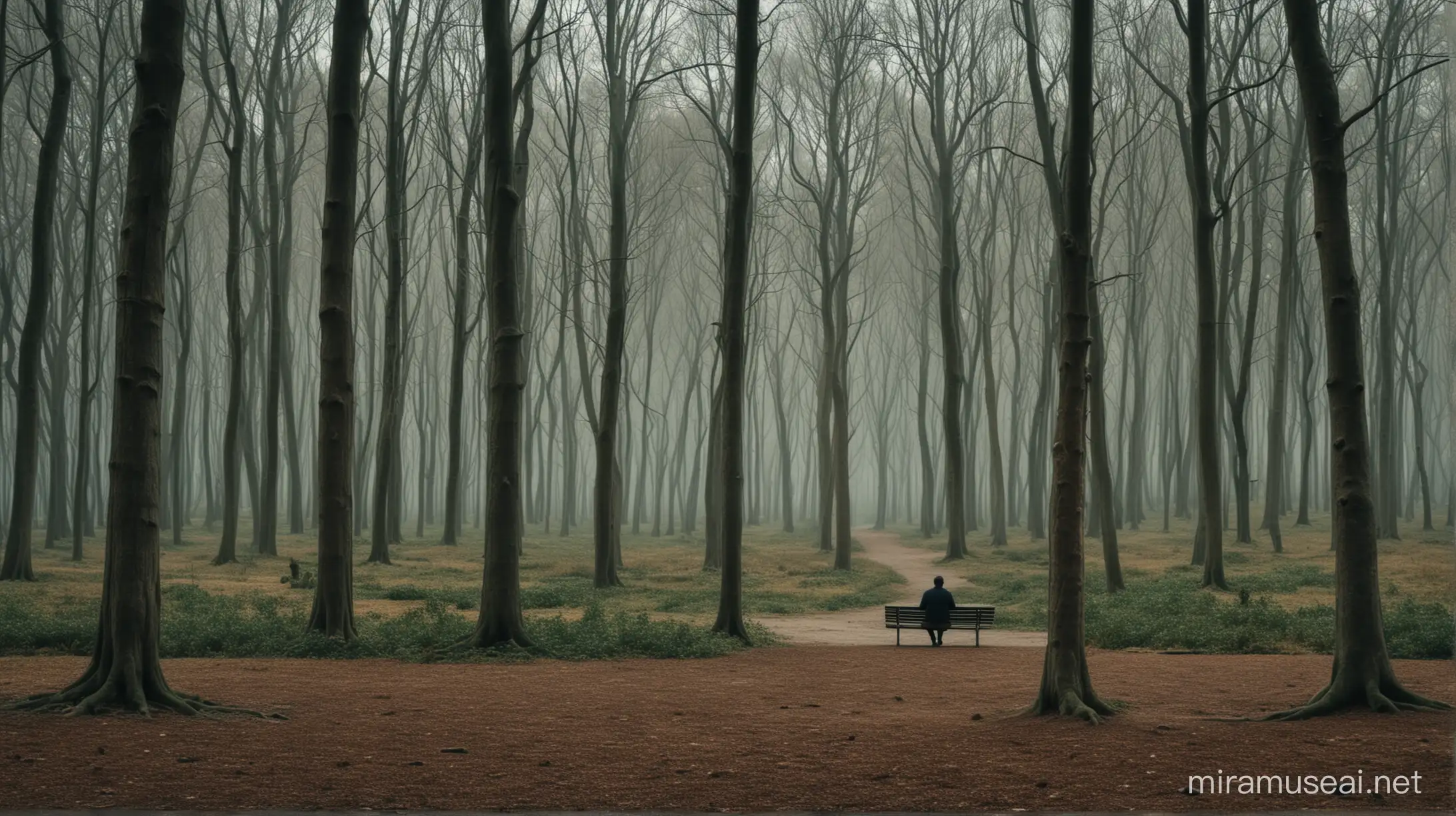 another person sitting on a bench in a park next to them in a surrealistic forest