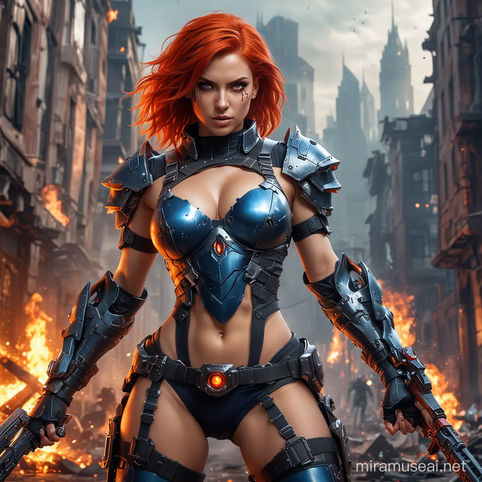 A Sexy Half Naked Female Psyker wearing a futuristic Armor and a Melee  Weapon. She is a Pyromancer and has red Hair. She has a sixpack and dark red eyes. The color of the Armor is a dark metallic blue. In the Background are Burning Buildings