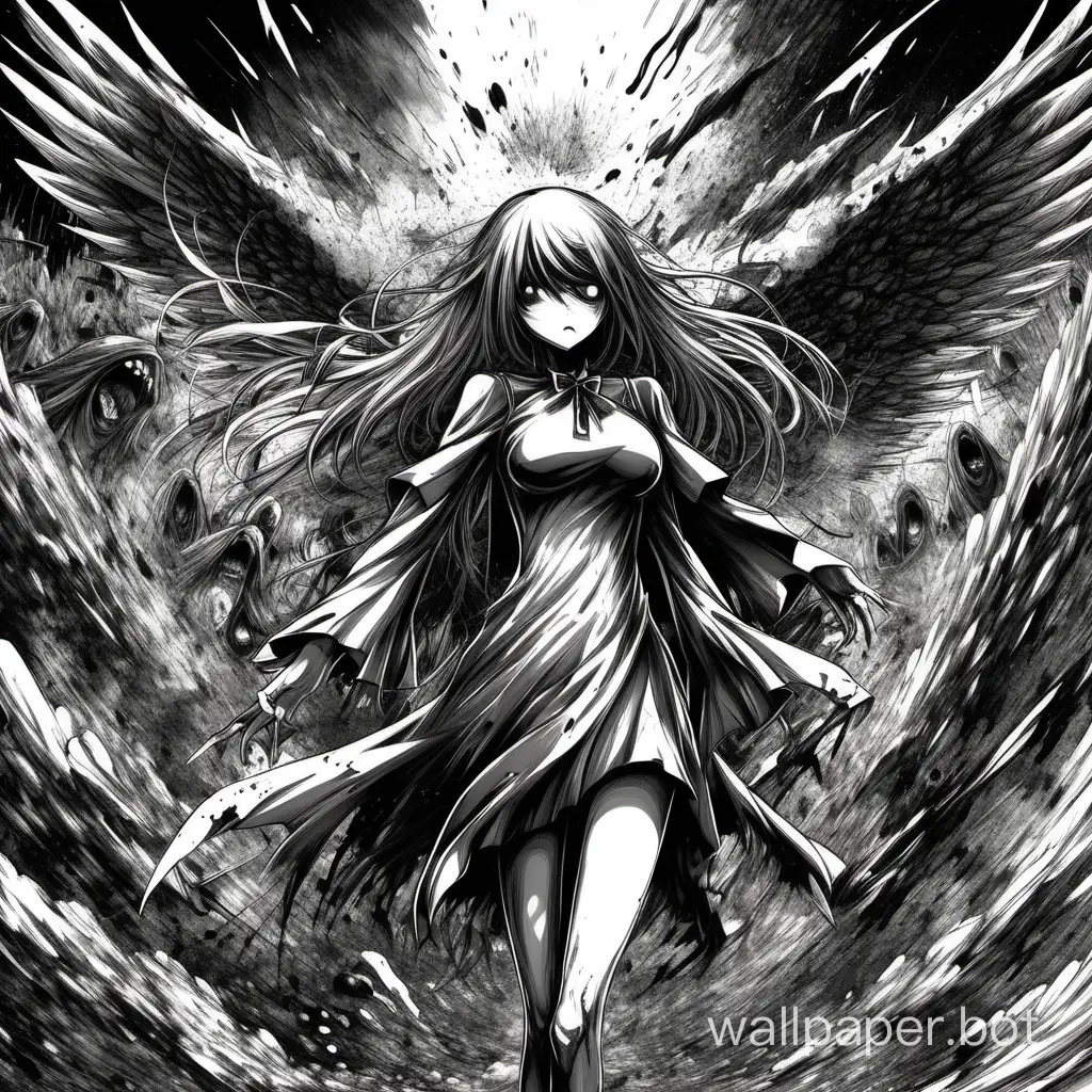 anime horror, hentai angel, grotesque explosion of rage, linearity, dripping ink, hyper-detailed anime art,