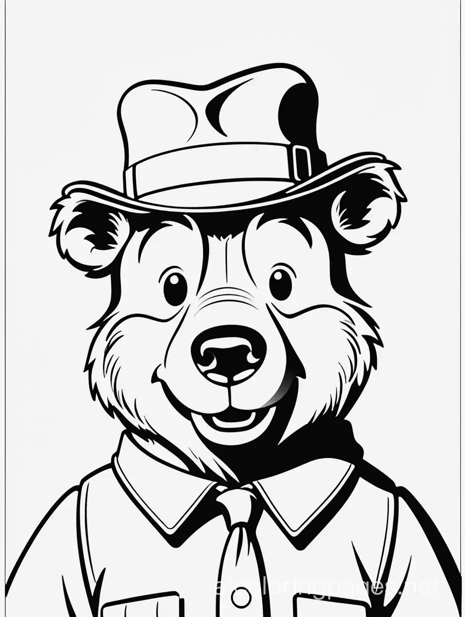 vintage travel poster style, black and white, including adorable yogi bear smiling, Portrait View, looking straight ahead, Perfect composition golden ratio, masterpiece, best quality, 4k, sharp focus. Perfect anatomy, Coloring Page, black and white, line art, white background, Simplicity, Ample White Space. The background of the coloring page is plain white to make it easy for young children to color within the lines. The outlines of all the subjects are easy to distinguish, making it simple for kids to color without too much difficulty
