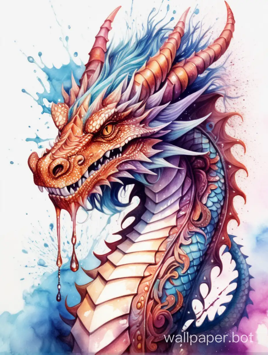magical Bohemian front head of dragon,  high contrast dripped fluid watercolor, explosive dripped texture, ornate detailed illustration, octane render, sticker style