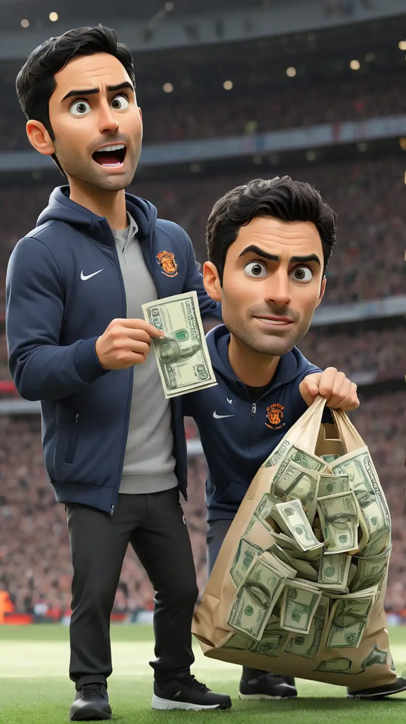 Cartoon Illustration of Mikel Arteta Presenting a Bag of Money to David Moyes