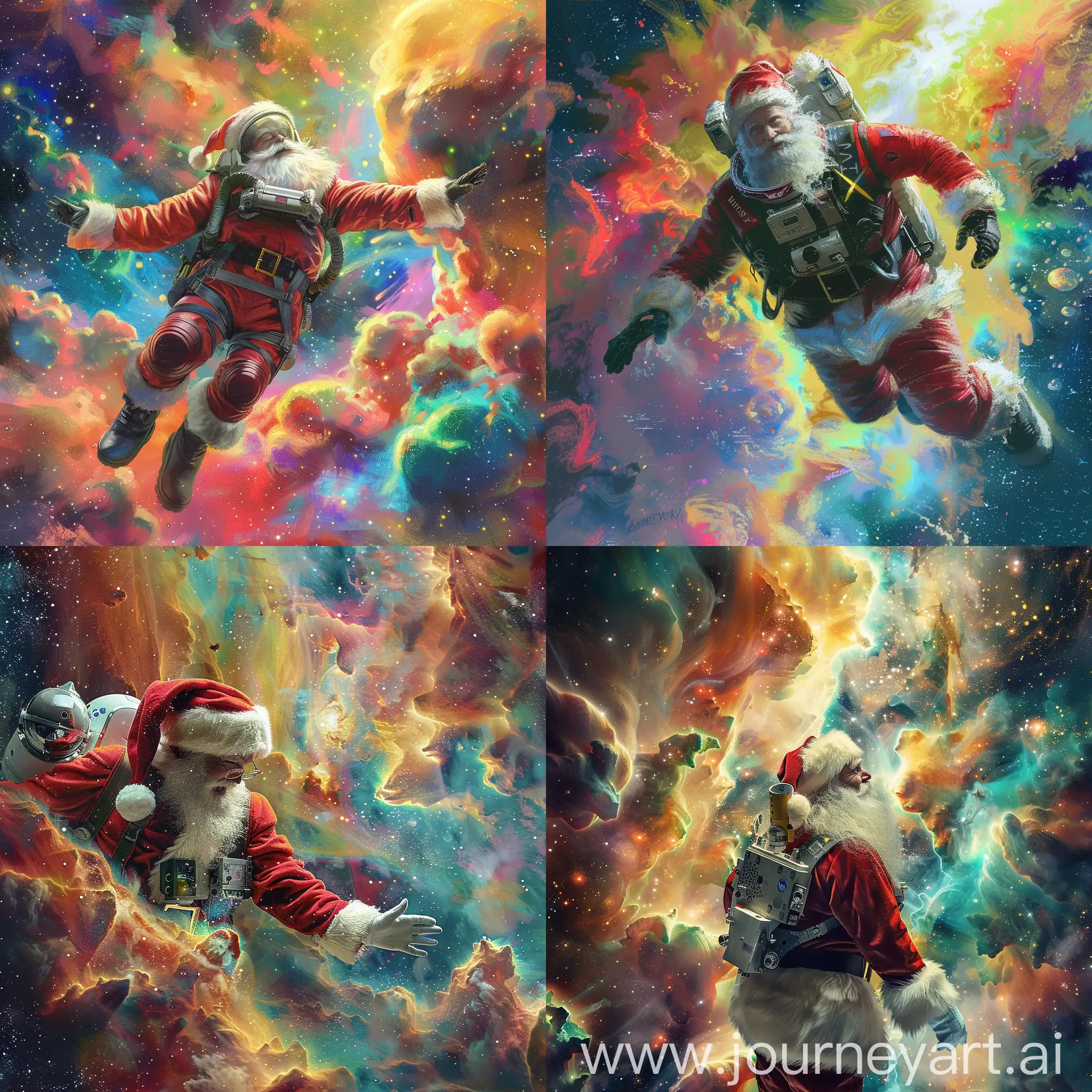 Midjourney Art Example-A creatively reimagined Santa Claus in Space-X gear, exploring an abstract universe filled with vibrant, nebulous formations, exuding a sense of joy