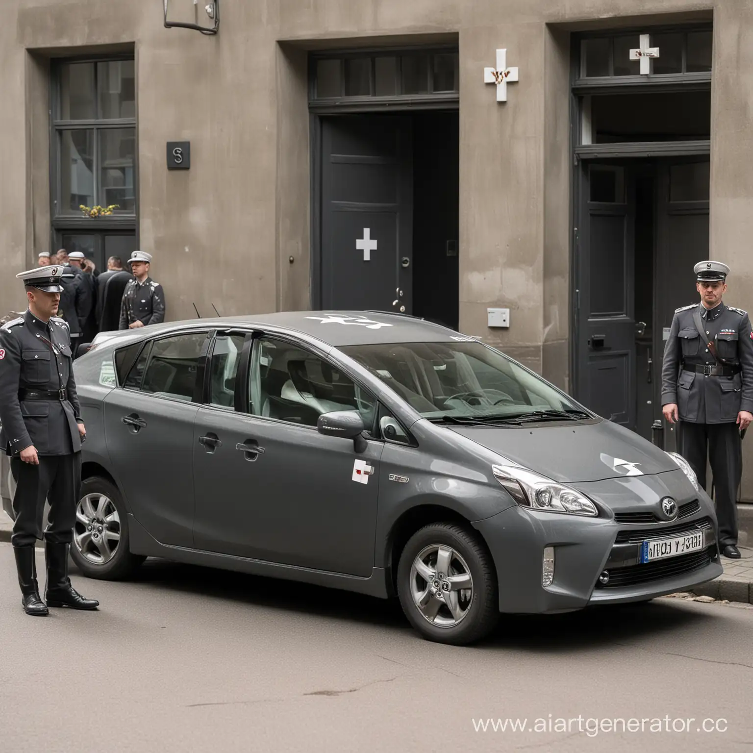 Toyota Prius темно-серого цвета, с немецким белым крестом на двери, в сеттинге нацисткой Германии, за рулем офицеры СС