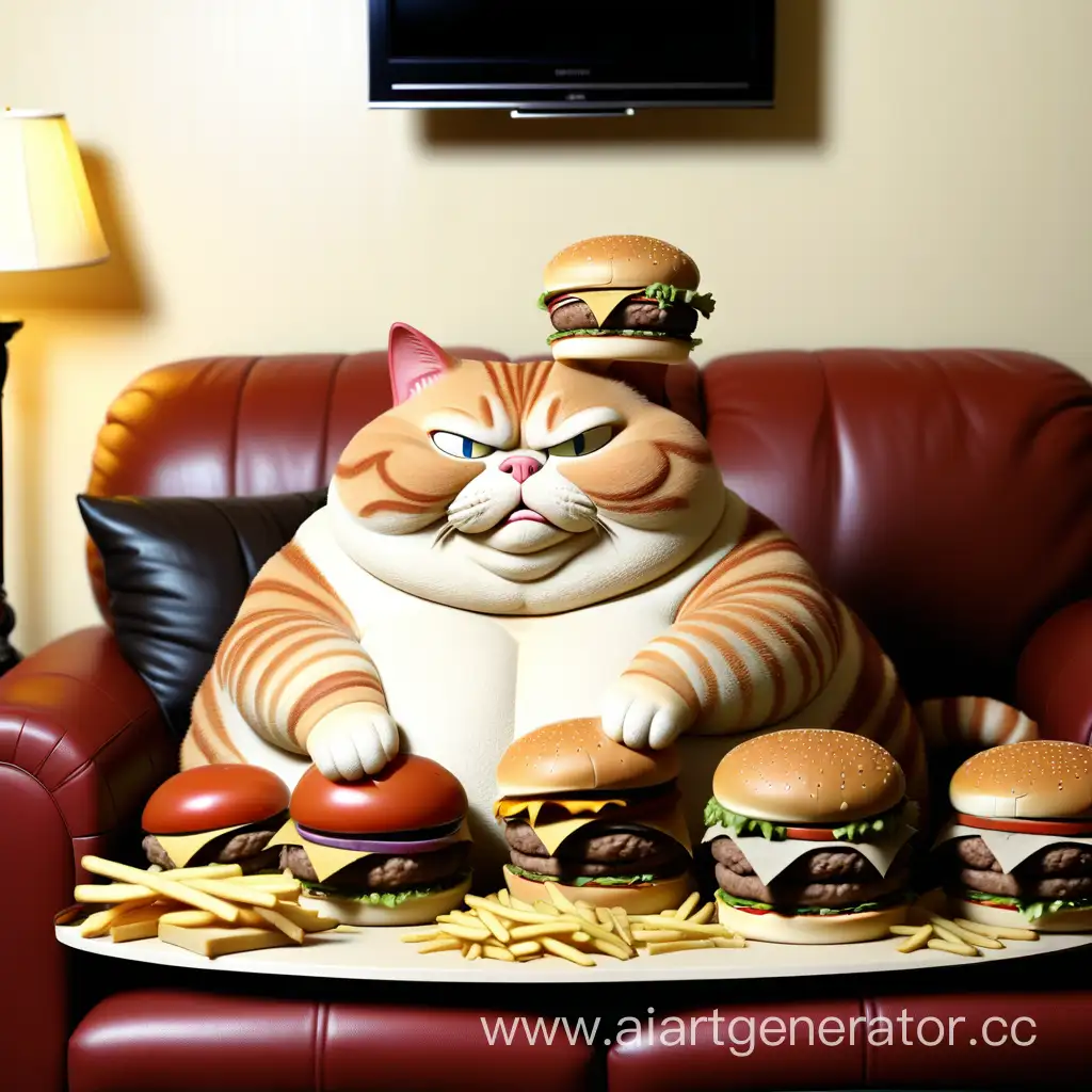 Толстый кот, бургеры, на диване, телевизор, крошки от бургера