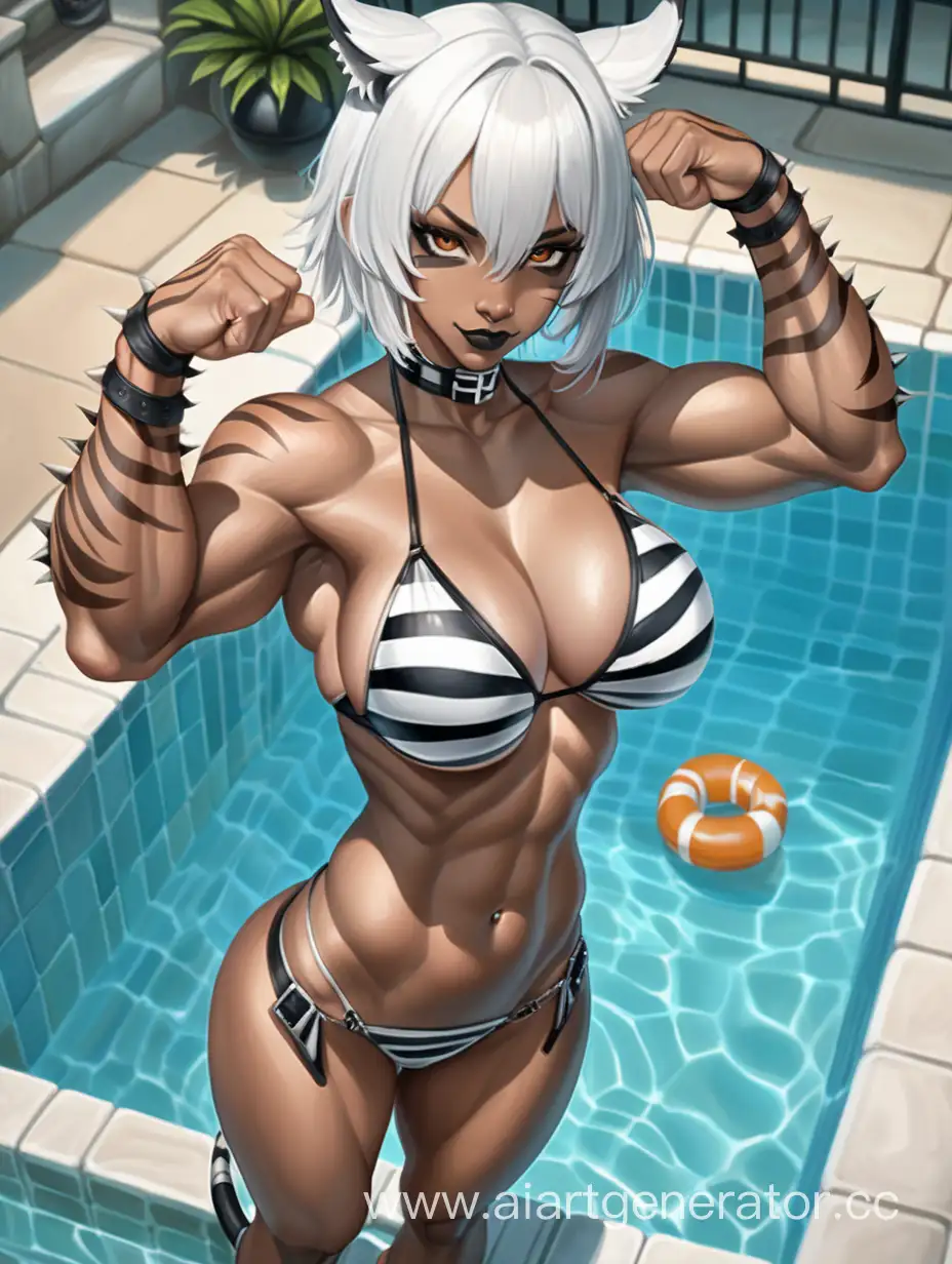 Above View, City Pool, Floting in the Pool, 1 Person, Women, Beastwomen, Tiger Ears, White Hair, Black Striped Hair, Short Hair, Spiky Hairstly, Dark Ebony Brown Skin, White Bikini, Perfect Hands, Five Finger, Choker, Black Lipstick, Seriuos Smile, Brown Eyes, Sharp Eyes, Perfectly Symmetrical Body, Tall Body, Massive Breasts, Muscular Detailed Arms, Muscular Legs, Well-toned Body, Muscular Body, Well-toned Abs, Hard Abs, Detailed Abs, Tiger Stripes,  Tiger tail, 
