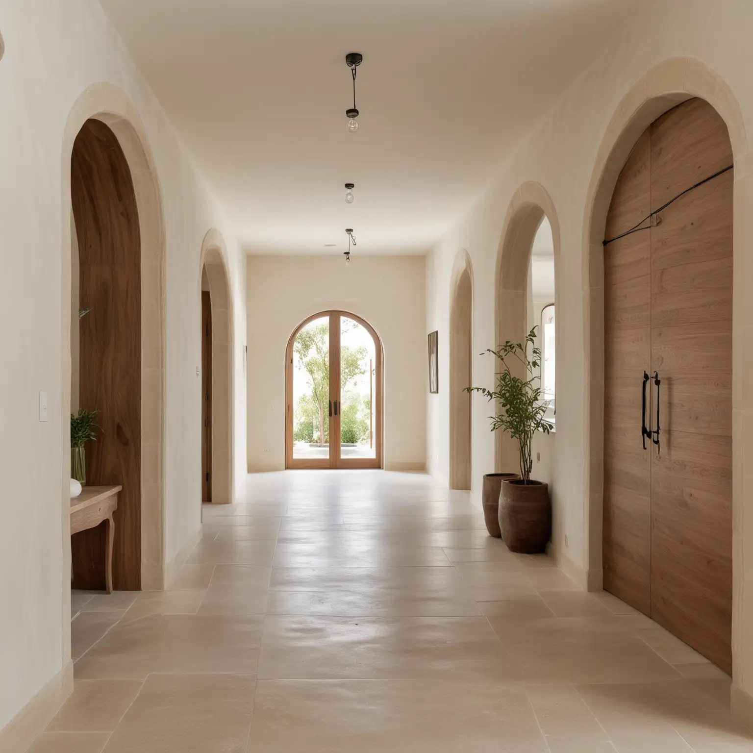 a large minimalist organic Mediterranean inspired estate home; walnut wood, limestone floors, flax linen, limewash walls; 