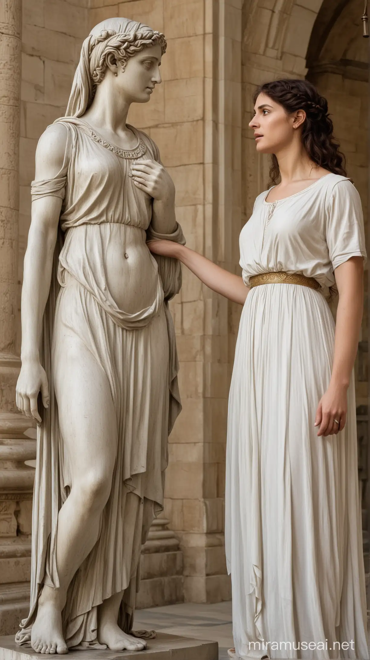 hypatia of alexandra, the real woman, admiring a statue of herself