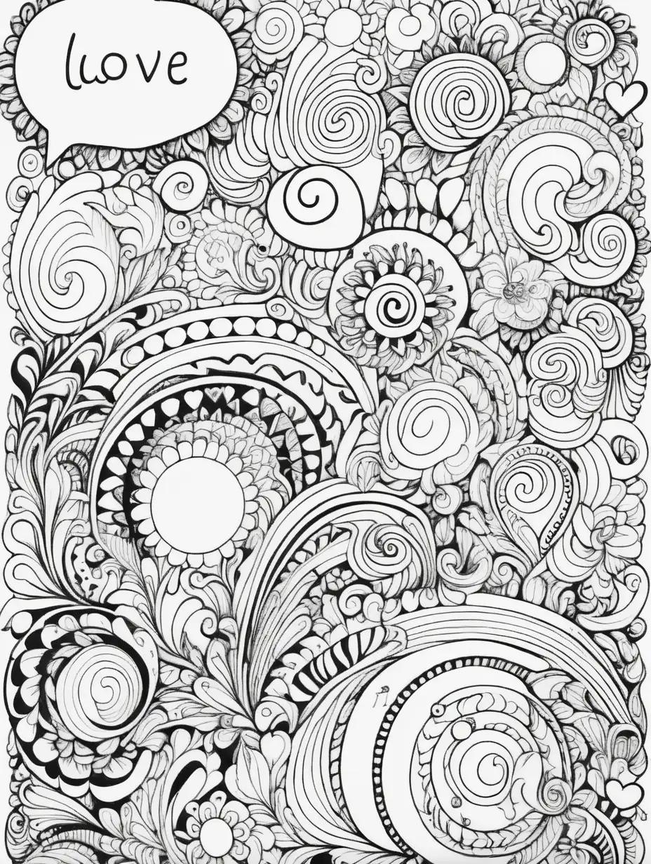 beautiful, whimsical, black and white coloring page for adults, very simple, no shading, a well defined vector EPS line art coloring book page of a doodle pattern on white background, low detail, think lines, With white bubble letters LOVE
