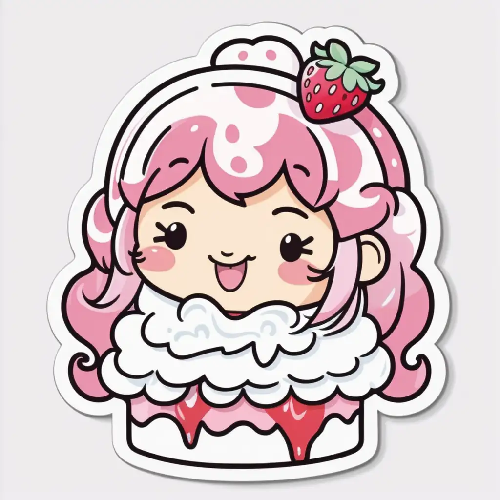 KAWAII Strawberry Shortcake Sticker with Whipped Cream Hair Valentines Food Illustration