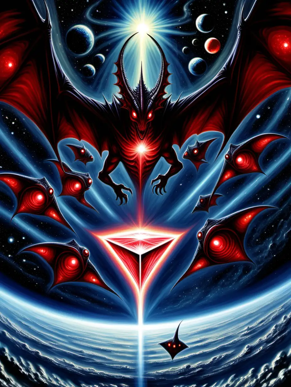 Depict the xeelee aliens , incredible dragon and manta ray like entities, they are made out of spacetime defects, they have an aura of gas coming off of them, they live around black holes in space, they have a triangular shaped body with a single red diamond shape eye.