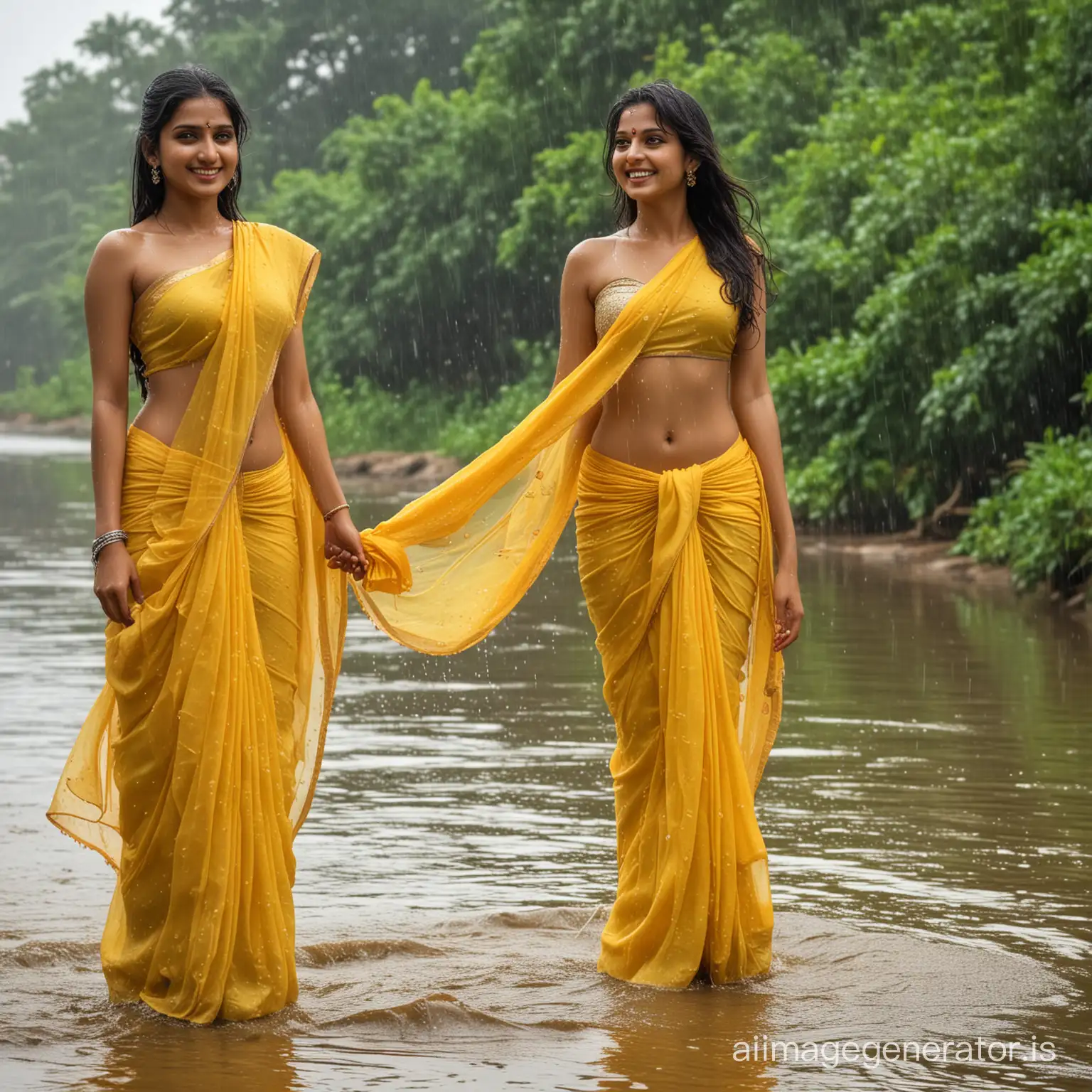 2 stunningly beautiful Indian models, draped in yellow chiffon sarees, soaking wet sarees, rain, smiling, by the riverside, beautiful hips ,washing themselves, highly detailed hdr photo 