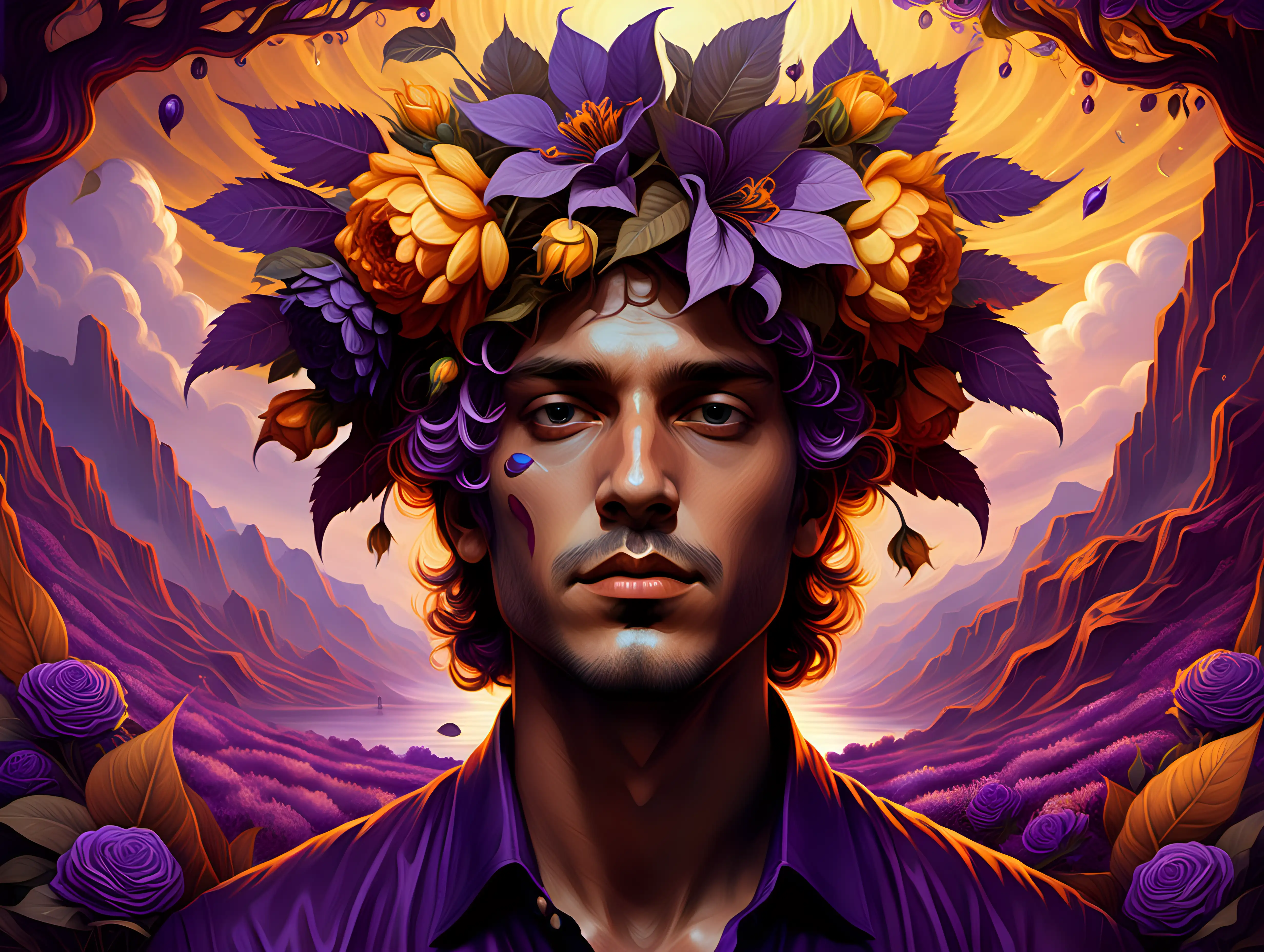 a man with flowers on his head, in the style of realistic fantasy artwork, album covers, richly detailed genre paintings, purple and amber, intricate foliage, handsome, wavy
