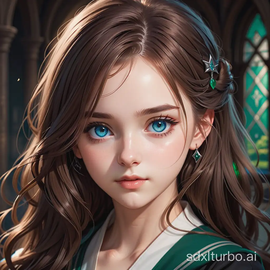 Slytherin, sweet girl, long brown hair, gentle face, blue eyes, Kawacy style portrait