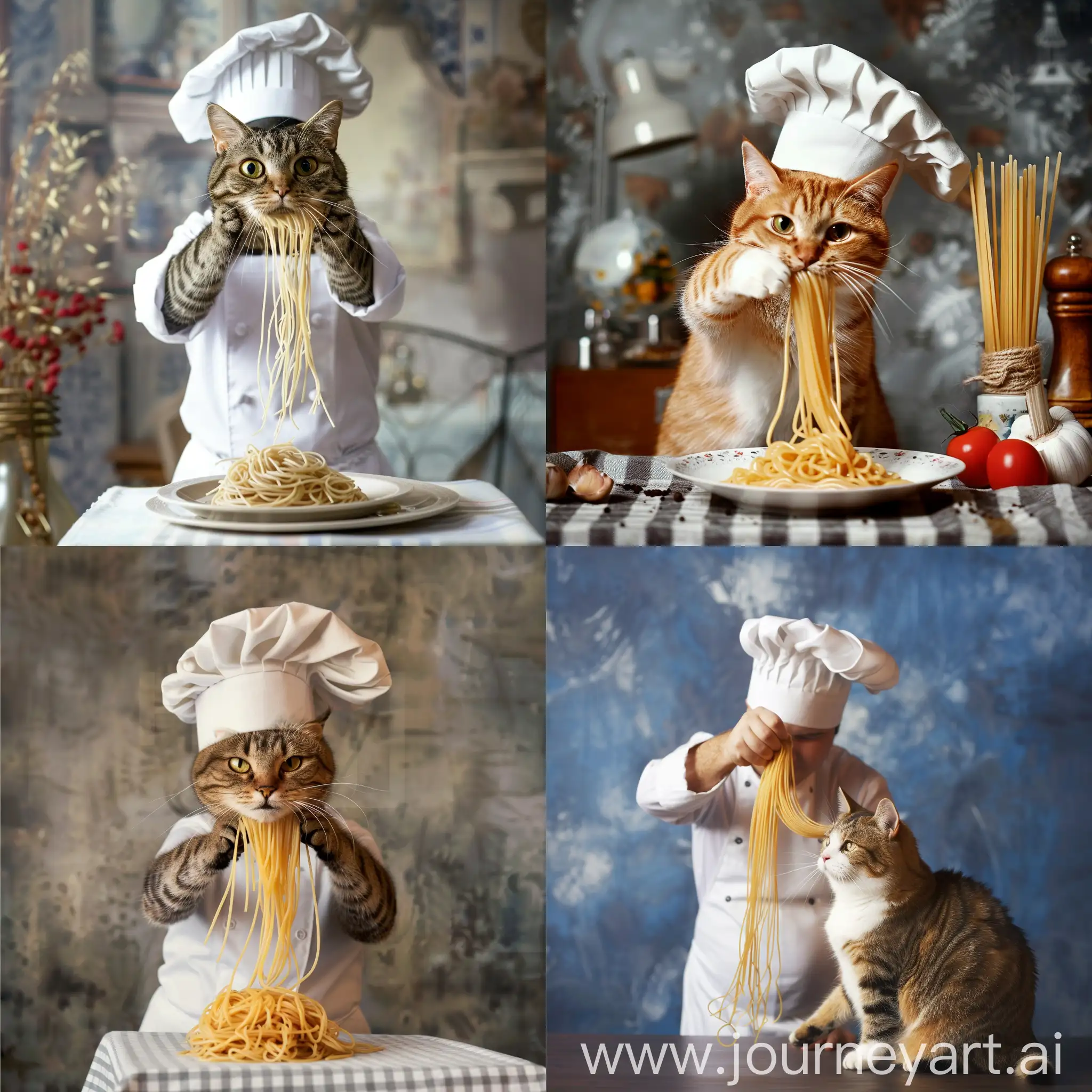 Cat lwith professional chef, using chef hat, bring spagheti noodle. Picture eksplain that food look delicius