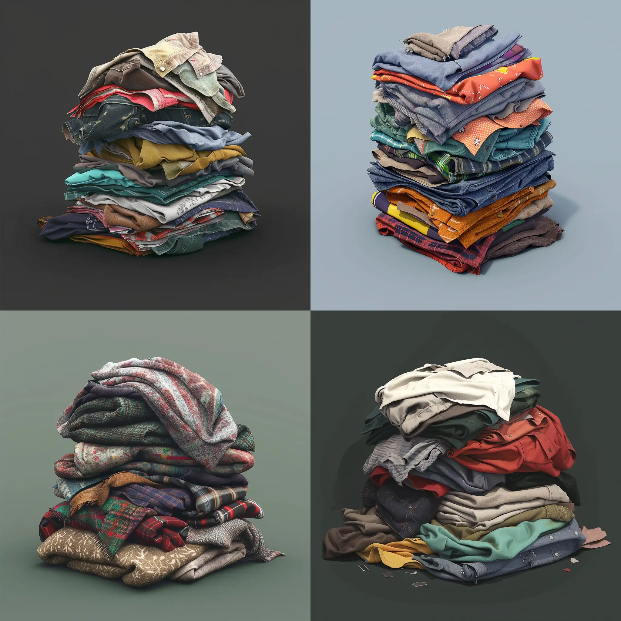 isometric realistic old worn clothes pile set, 3d render, stalker style