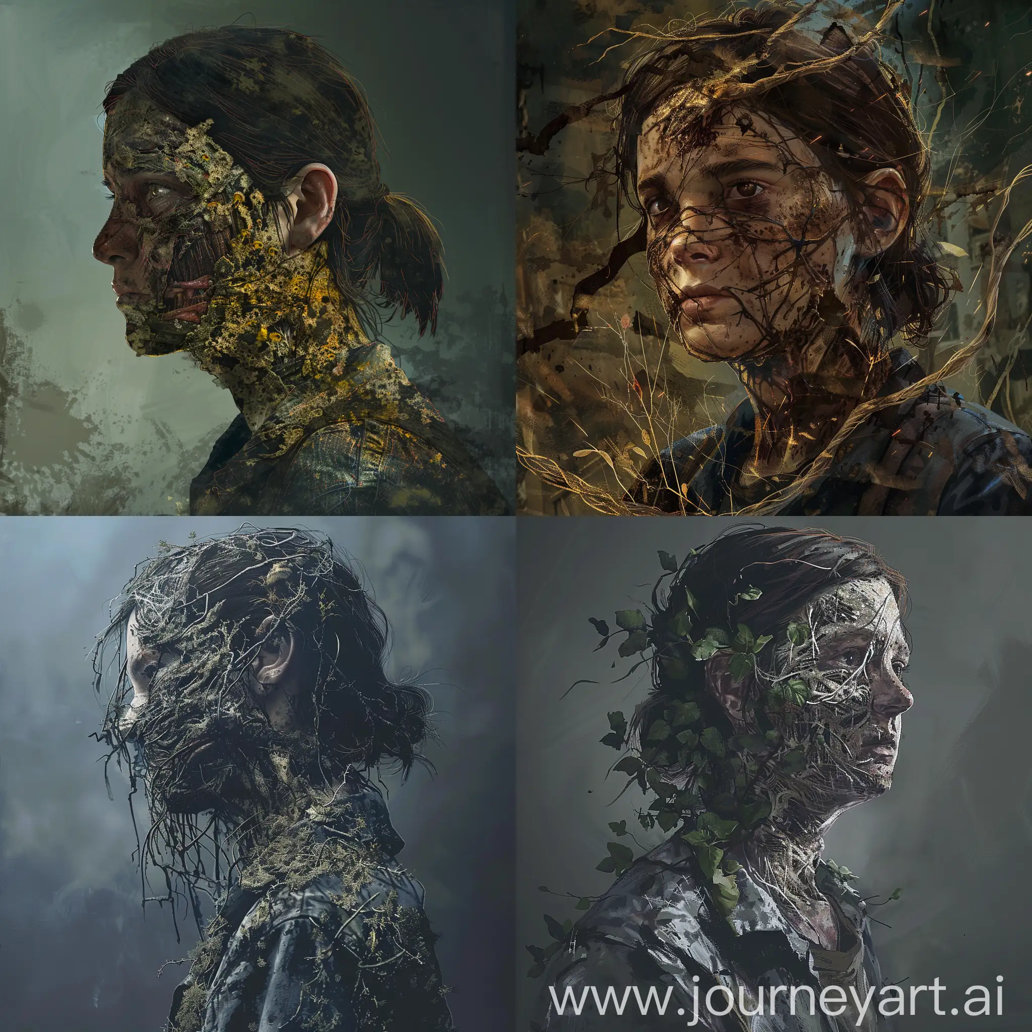"Create a haunting portrait of a character from 'The Last of Us' universe, transformed by the eerie fungal infection, capturing the unsettling blend of human and fungal features with a focus on conveying the terror and despair of their existence."