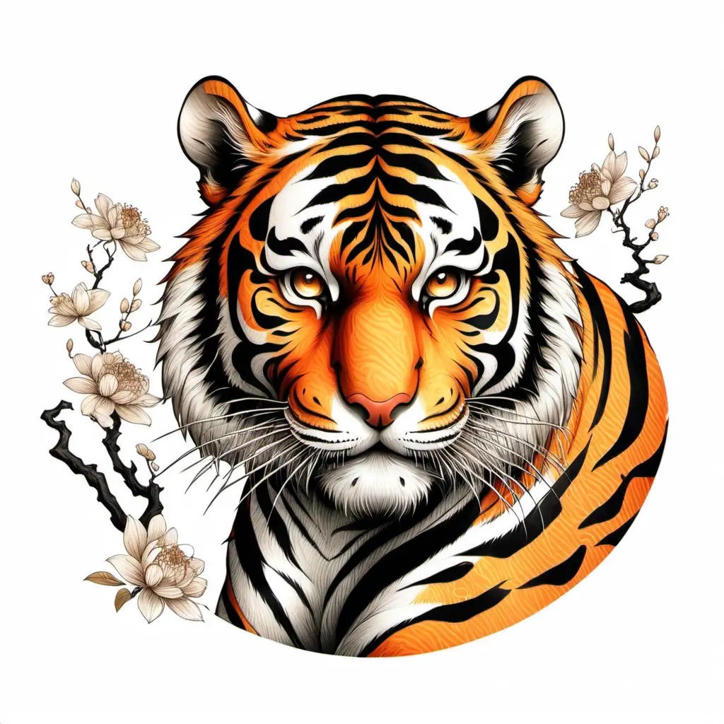 tiger illustration, detailing, white background, Japanese style