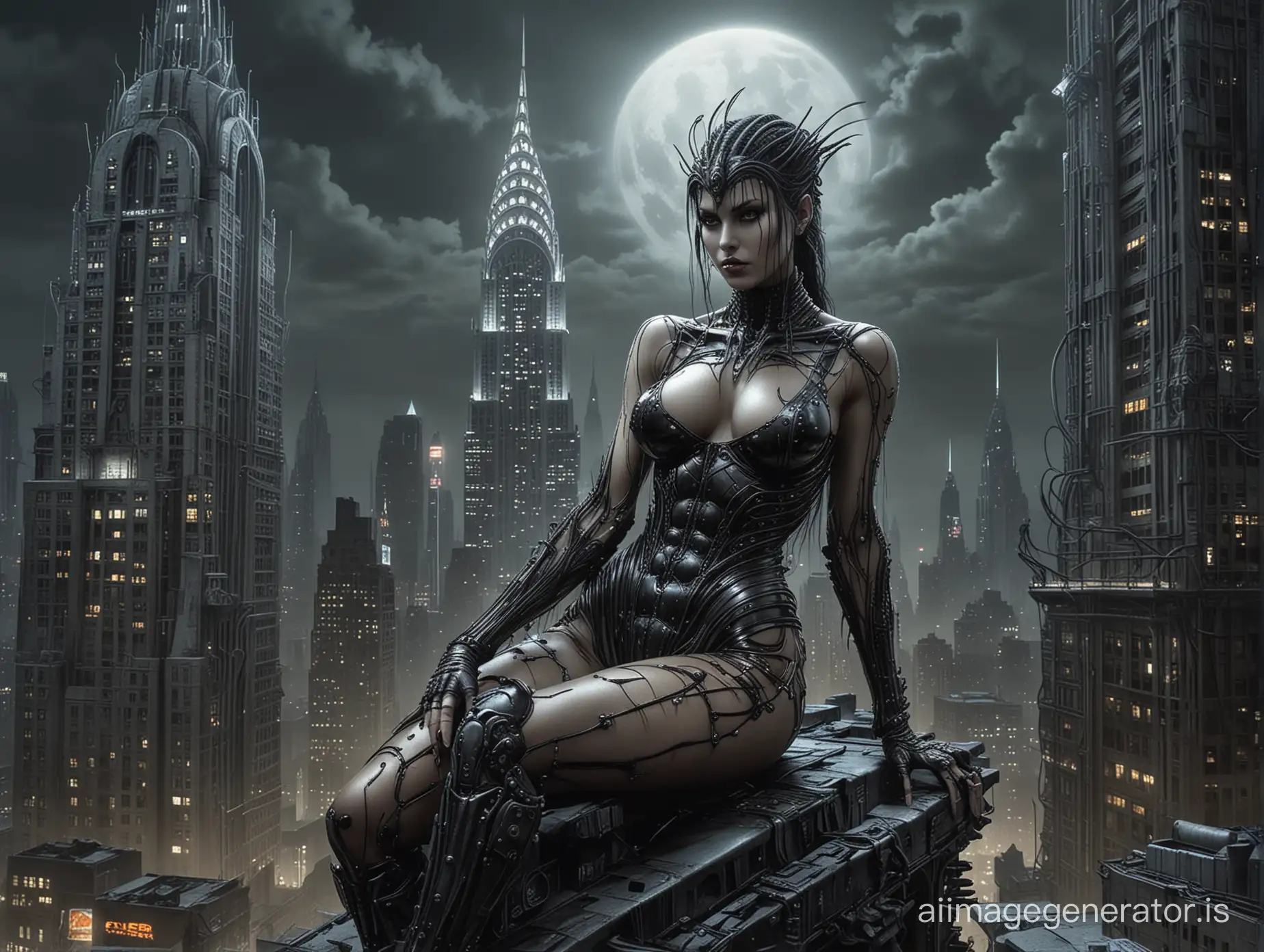 erotic photo;The woman played by Luis Royo | Brian Bolland;Chrysler Building New York in the cyberpunk style,(neon lighting,Giger-style abandoned world location);(epic, epic detail, masterpiece, best quality, photorealistic, ultra-high detail)