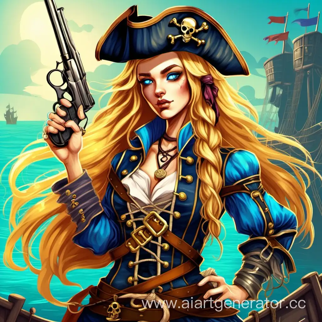 Фентези девушка пирата с длинными, завязанными в хвост, золотистыми волосами и ярко-голубыми глазами. В руке держит средневековый пистолет