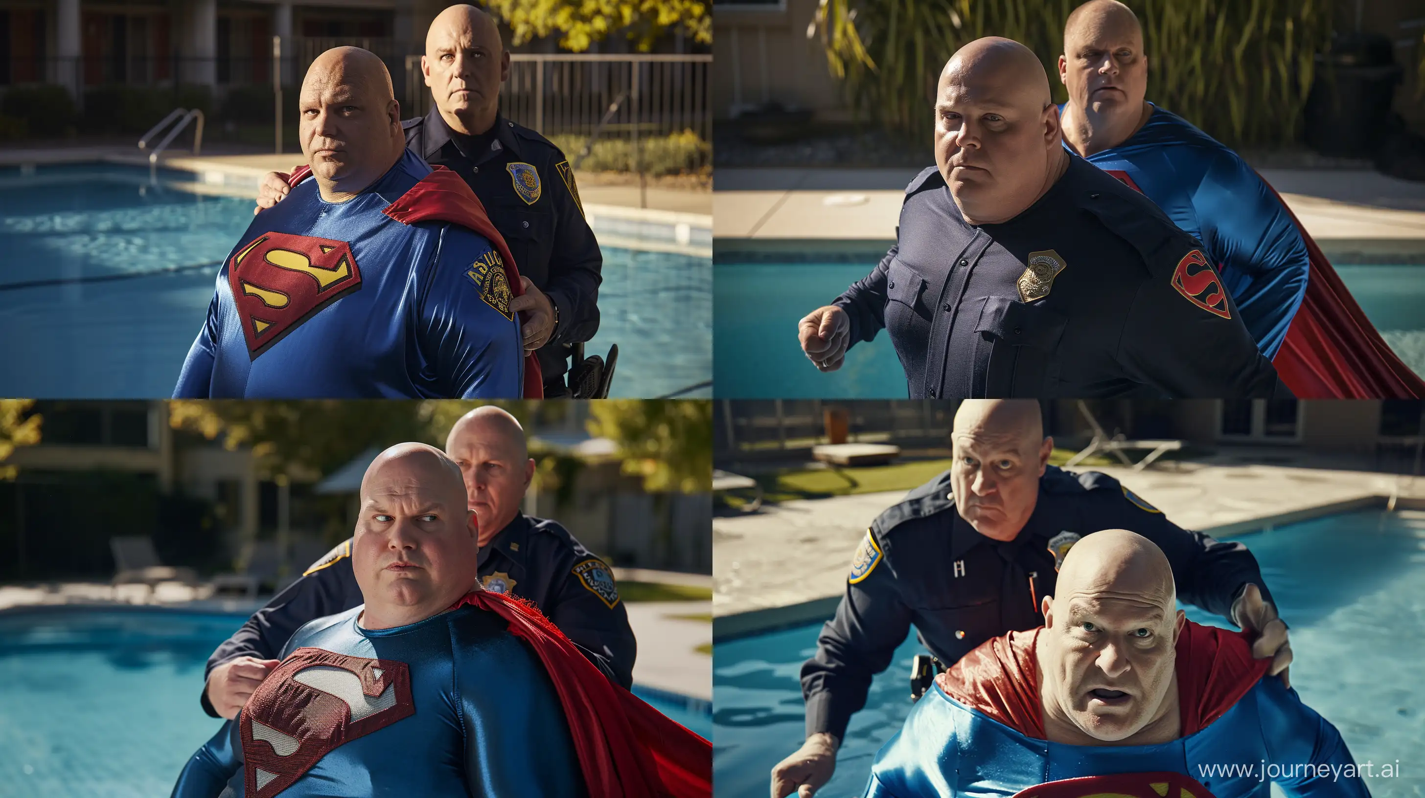 A closeup photo of a serious chubby man aged 60 wearing a long-sleeved navy police uniform holding from behind another chubby man aged 60 wearing a tight blue silky superman costume with a large red cape. Swimming Pool. Natural Light. Bald. Clean Shaven. --style raw --ar 16:9 --v 6
