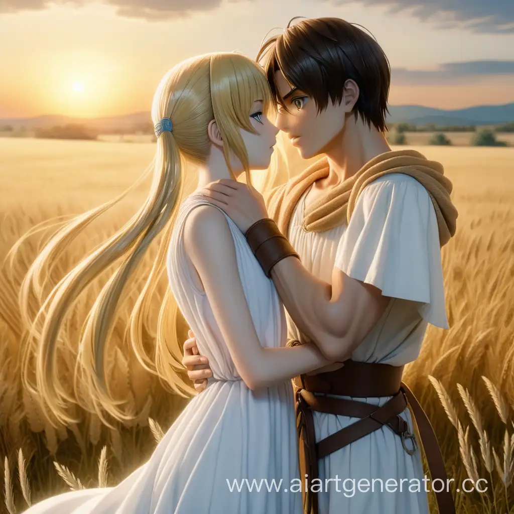 Eren Jaeger and Historia Reiss as the Ancient Greeks kissing, against the background of a field and early dawn, both characters in white clothes, detailed, sensual
