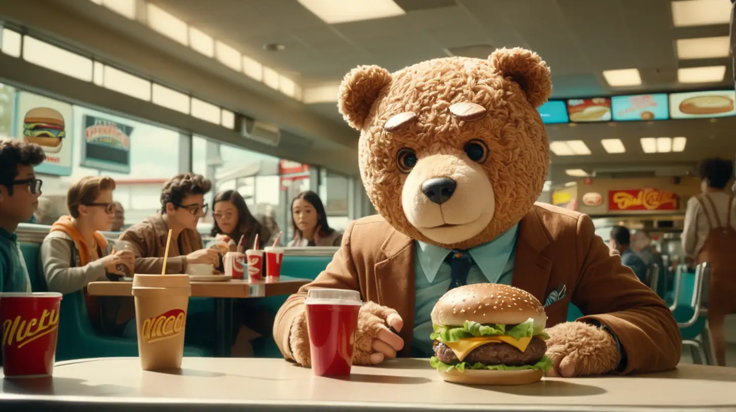 Teddy Freckles walks into a fast food restaurant called "Knockoffs". He orders a burger and sits down at table. People stare in disbelief as he casually eats the burger. Show in frames. stylize as retro modern

