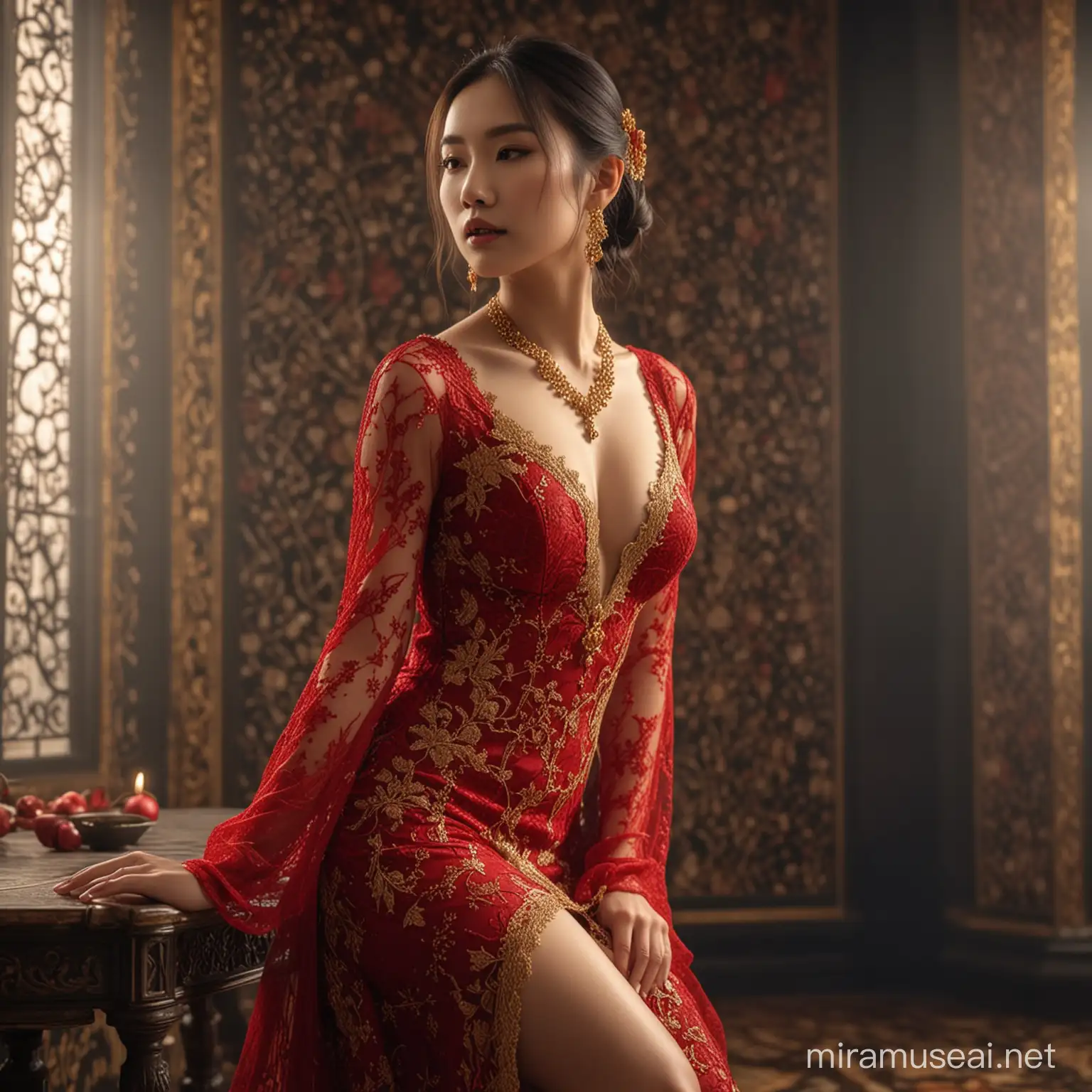 Asian woman with a delicate face and ideal figure, full body, large breasts, side view, dressed in an elegant red and gold lace dress, adorned with necklace and earrings, poses with grace, personifying an aesthetically enhanced beauty, legs exposed, capturing gothic tones with a divine aura,8k,hdr.